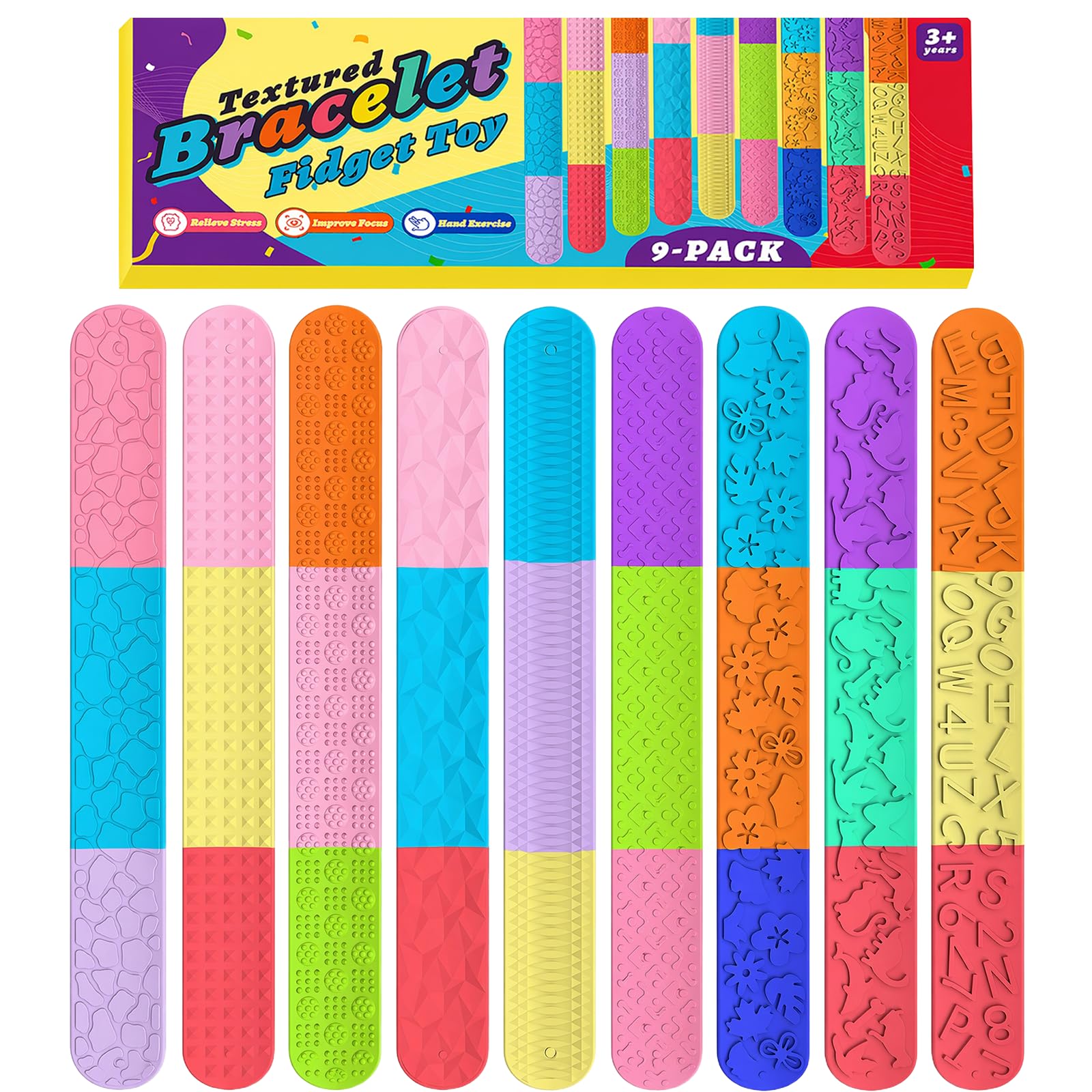 KASURE 9 PCS Sensory Slap Bracelets for Kids Adults, Stress Relief Sensory Toys for Autism Textured Soft Colorful Fidget Toys for Special Needs Party Favours Classroom Rewards Home Travel Office