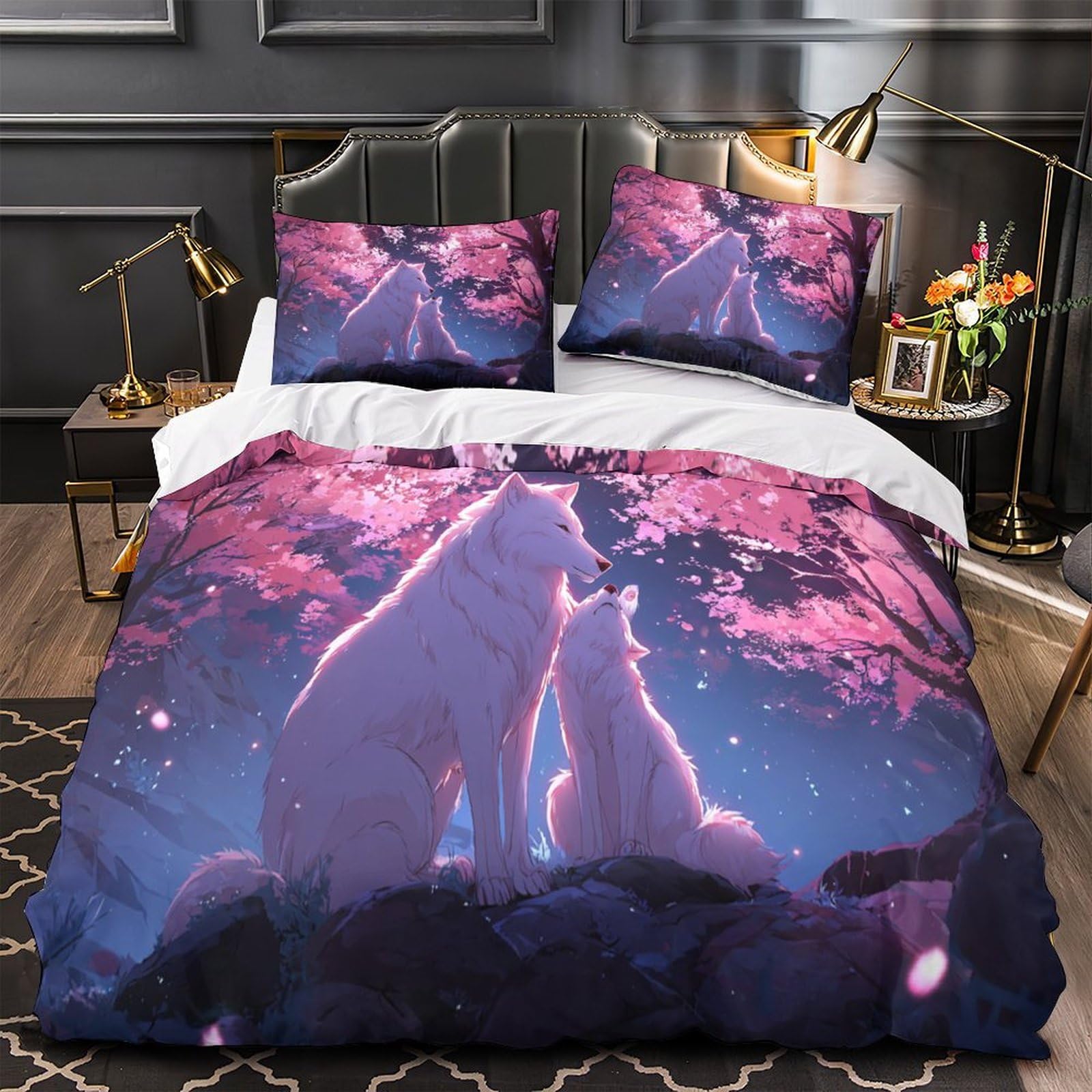 MMDASBVPE White Wolf Quilt Cover 3D Print All Season 3PCs Bedding Set Hidden Zipper Anime Fantasy Scene Comforter Cover Premium Super Soft for Kids Children Teens Adults Women Girls Double（200x200cm）