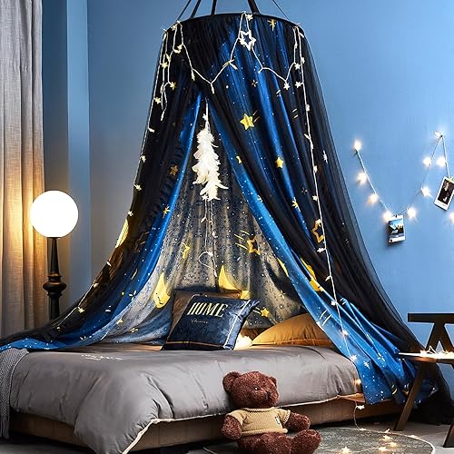 Kertnic Precioso toldo de cama con estampado de estrellas para niñas y adultos, cortinas decorativas para habitación, cúpula redonda, lujosas