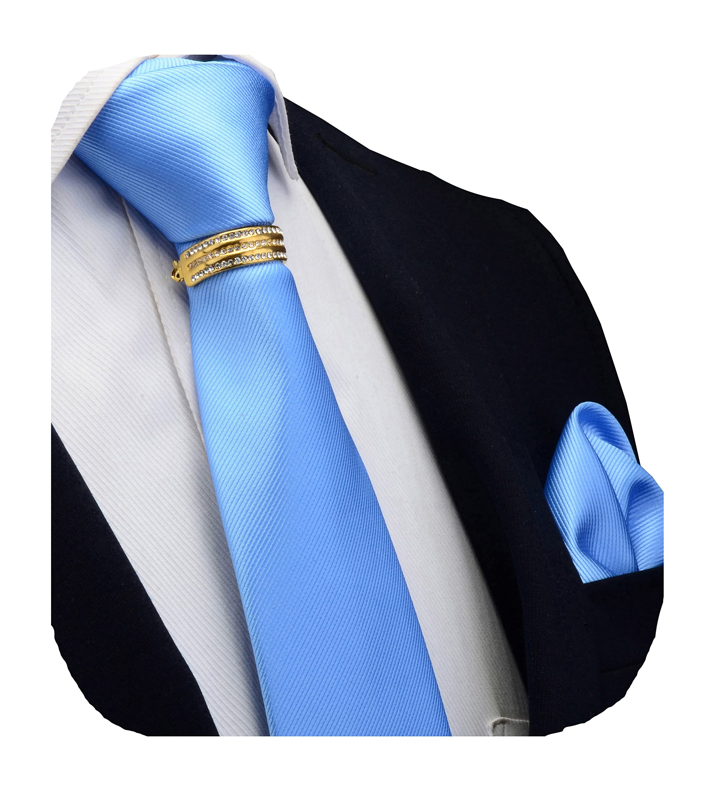 Gusleson Brand Mens Solid Light Blue Formal Work Ties Neckties and Pocket Square Clasp Pins Sets (UK0799-09-G)