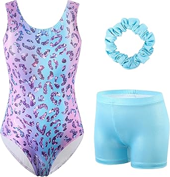 HOZIY Girls Gymnastics Leotards Outfits Sparkly Bow Back Unitards Biketard with Tumbling Shorts Hair band Kids 3-10 Years