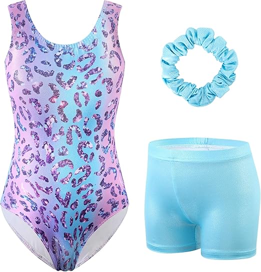 HOZIY Girls Gymnastics Leotards Outfits Sparkly Bow Back Unitards Biketard with Tumbling Shorts Hair band Kids 3-10 Years