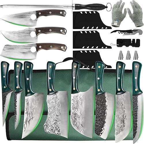 Miniatura 1 de FULLHI Juego de cuchillos de carnicero portátil de 14 piezas, mango de madera verde y 3 cuchillos de carnicero con funda