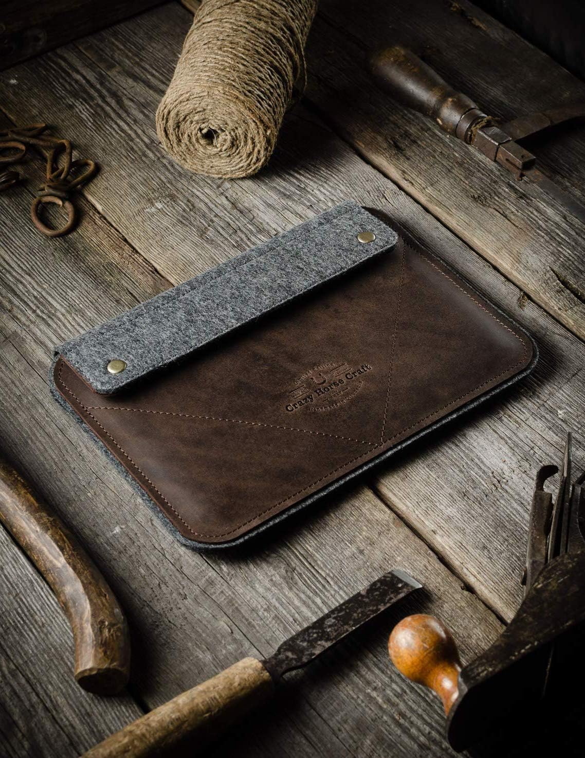 iPad Pro 12.9 inch leather case, Wood Brown iPad Pro 11 bag, iPad 10.2 inch sleeve 100% wool felt Apple pencil/pen handmade genuine Crazy Horse leather, iPad Air 10.9 cover, Crazy Horse Craft