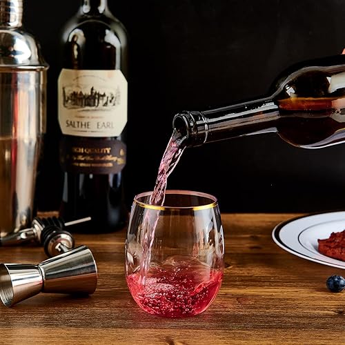 Miniatura 4 de FOCUSLINE Paquete de 32 copas de vino de plástico de 12 onzas  Copas de vino desechables sin tallo, de plástico con borde dorado, copas de vino