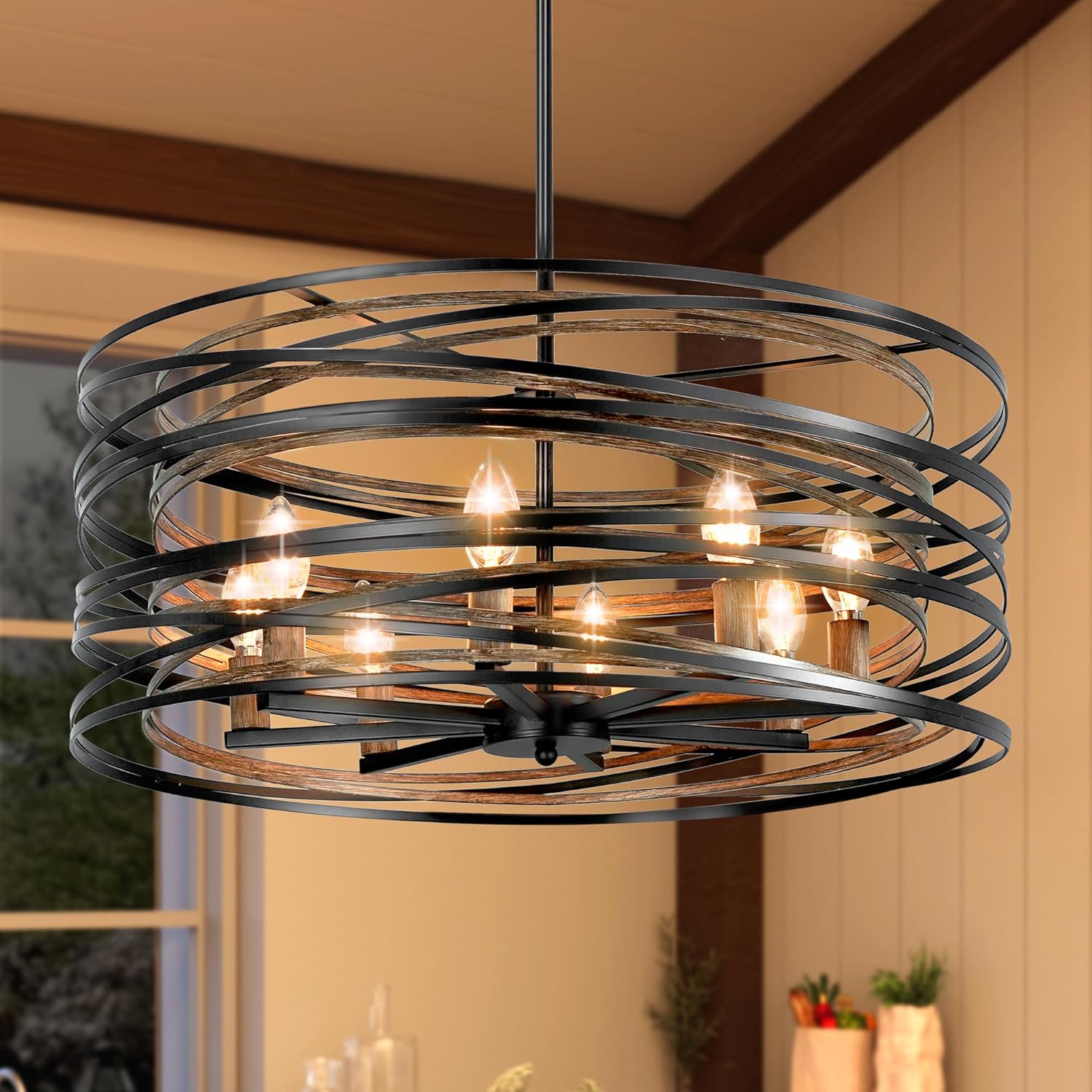 Black Farmhouse Chandeliers for Dining Room,8 Lights Farmhouse Dining Room Light Fixture 23.6" Wood Grain Metal Chandelier Rustic Large Kitchen Chandelier for Entryway Foyer