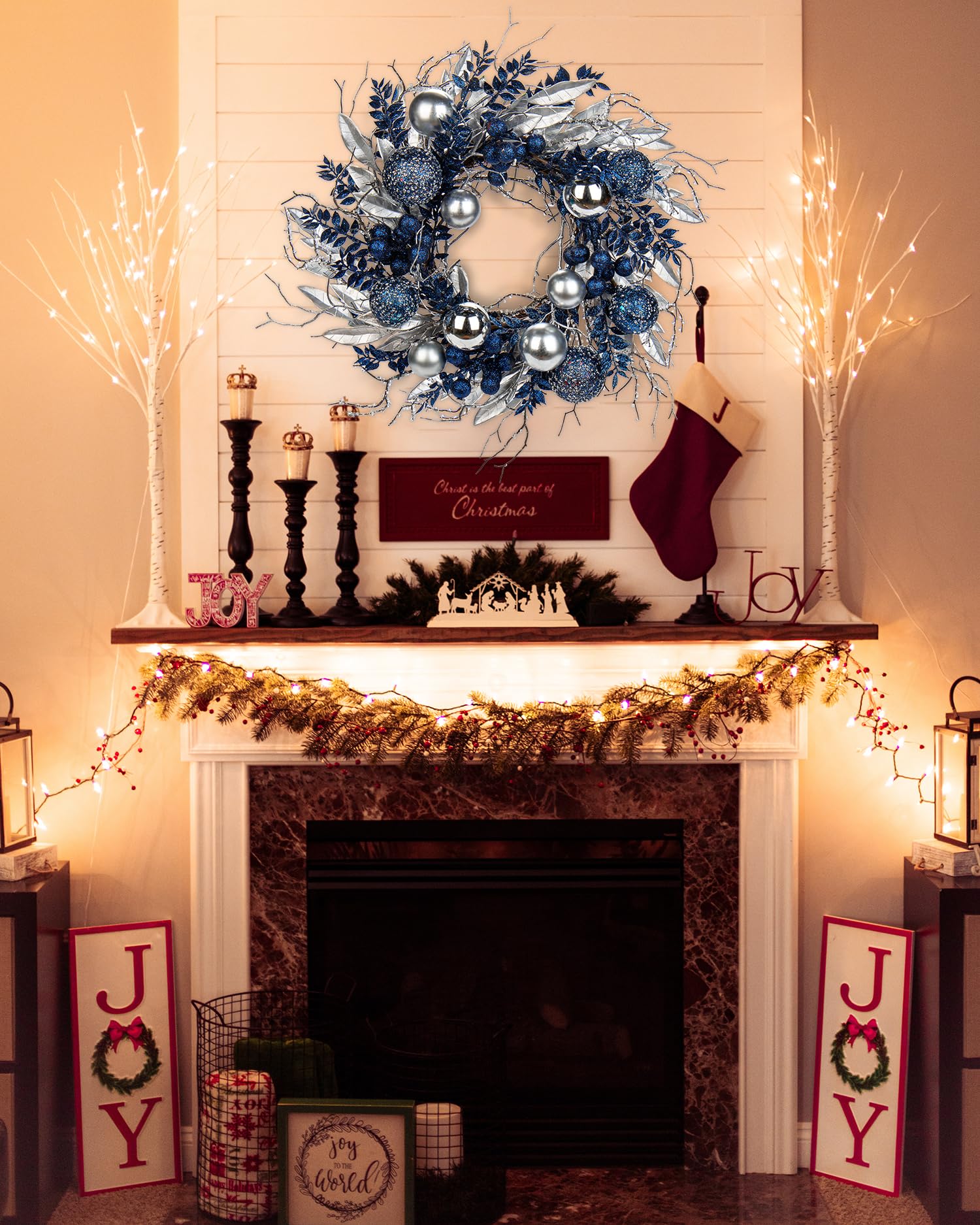 Couronne de Noël pour Porte - Couronne de l'Avent Bleue avec Boules et Branches - Décoration de Table - Diamètre : 40 cm