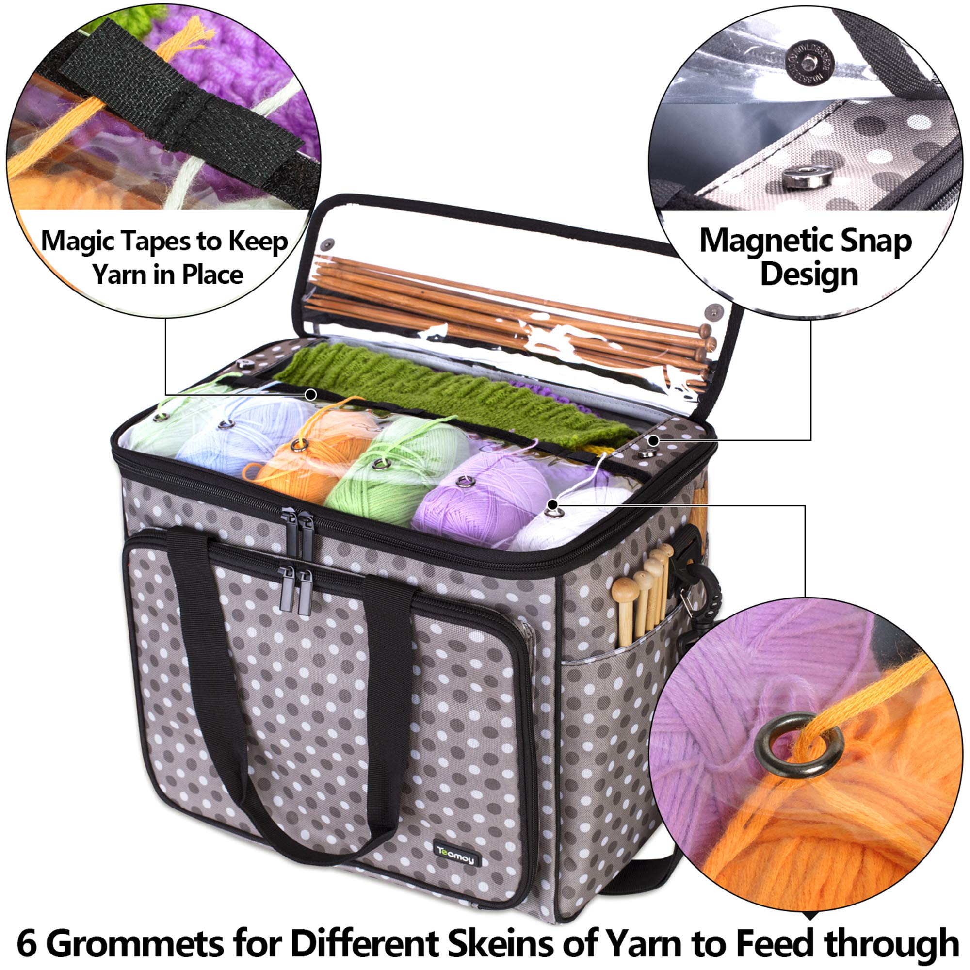 Teamoy Sac de Rangement pour Laine, Organiseur d'Outils de Couture de Grande Capacité, Étui de Transport pour Crochets, Pelotes, Aiguilles à Tricoter et Autres Accessoires, Pois Gris
