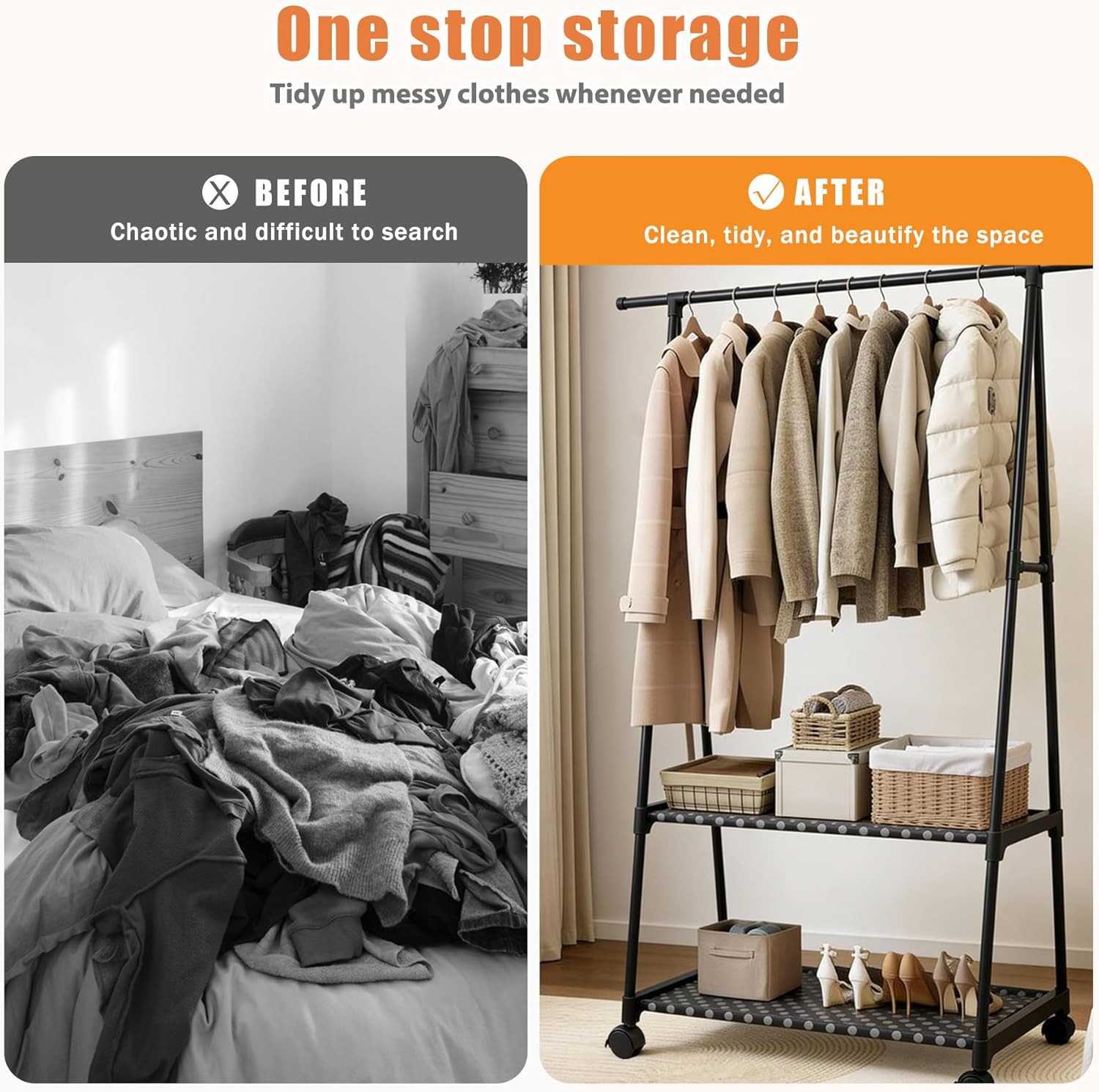 Heavy Duty Rolling Clothes Rack: Triangular Standing Clothing Racks for Hanging Clothes, Portable Plastic Garment Rack with Wheels & 2-Tier Storage Shelves - for Bedroom, Laundry, Living Room, Black