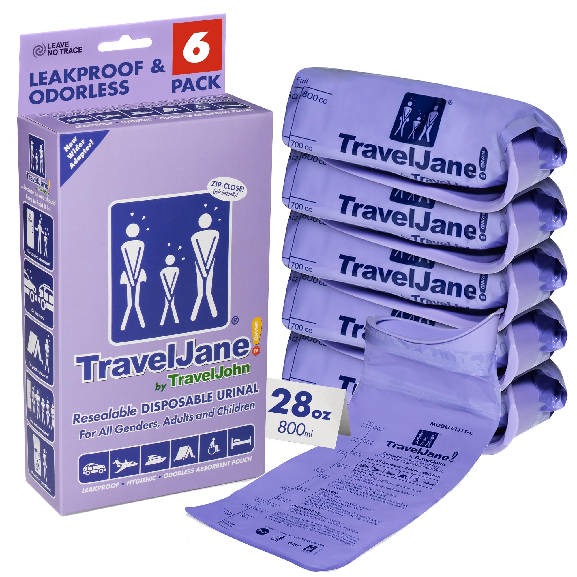 TravelJane Resealable Disposable Urinal (TJ1T-C) - 6 Pack for All Genders, Adults, and Children