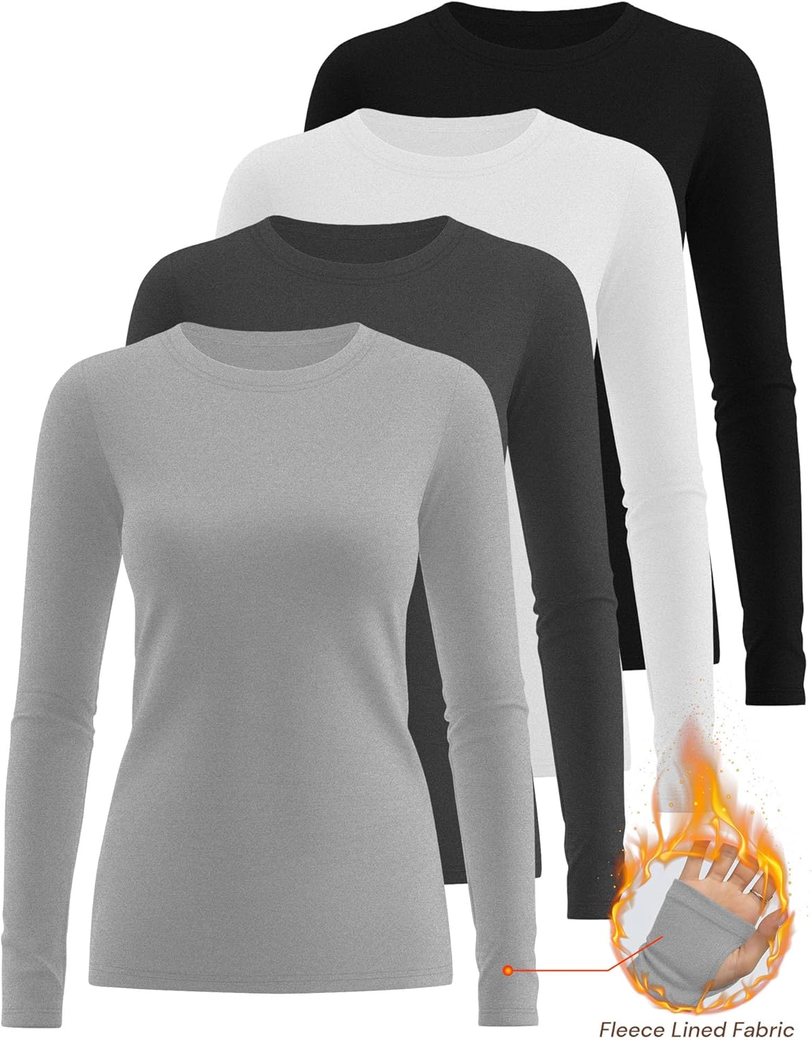 Neer 4 Pack Women's Fleece Thermal Long Sleeve Shirts, Thumb Holes Crew Neck Slim Fit Tops Warm Workout Basic Undershirt - Image 3