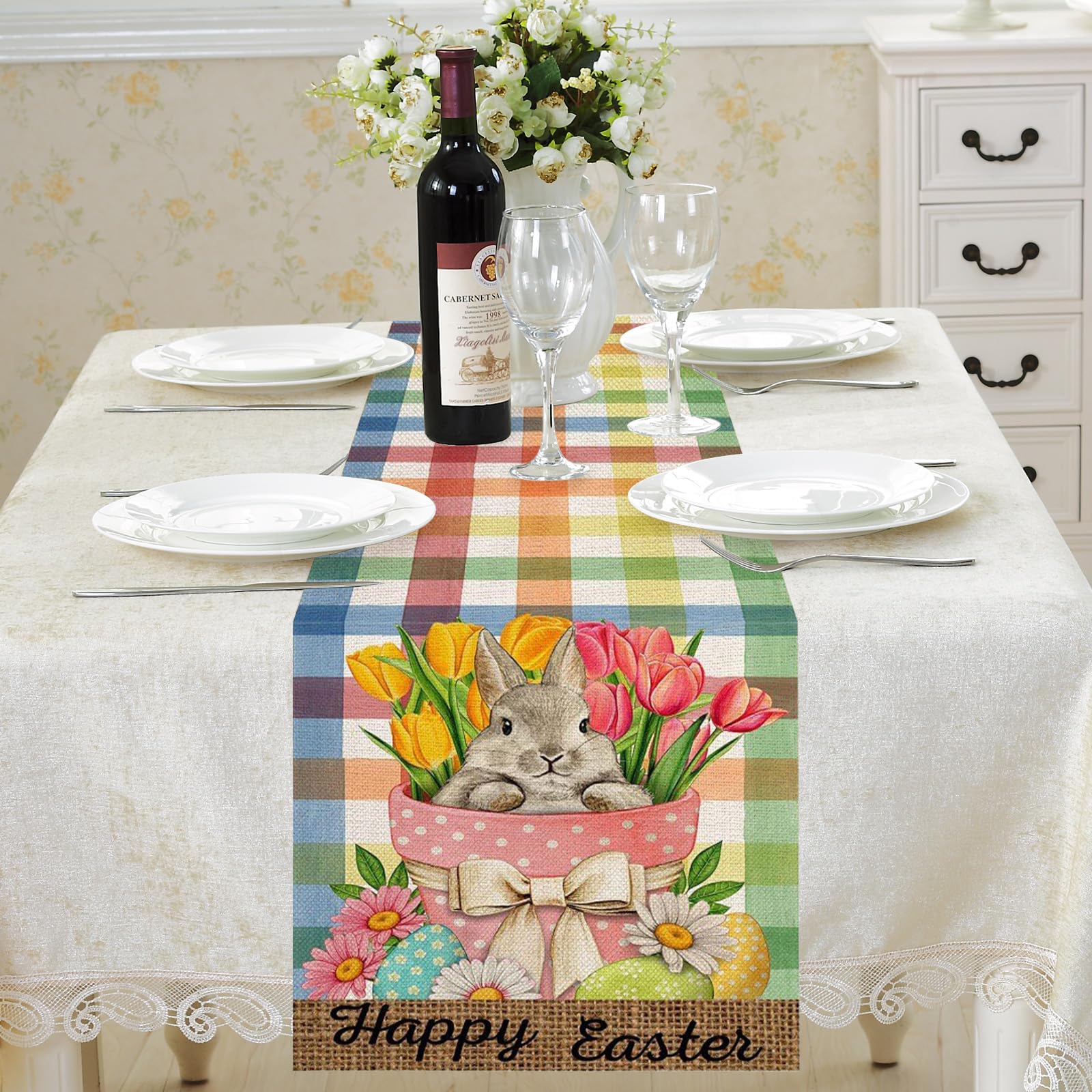 Runner Da Tavola Pasquale 33x183 Cm – Decorazione Con Coniglietto E Foglie Di Eucalipto, Tovaglia Moderna In Poliestere, Lavabile In Lavatrice, Perfetto Per Feste E Cene