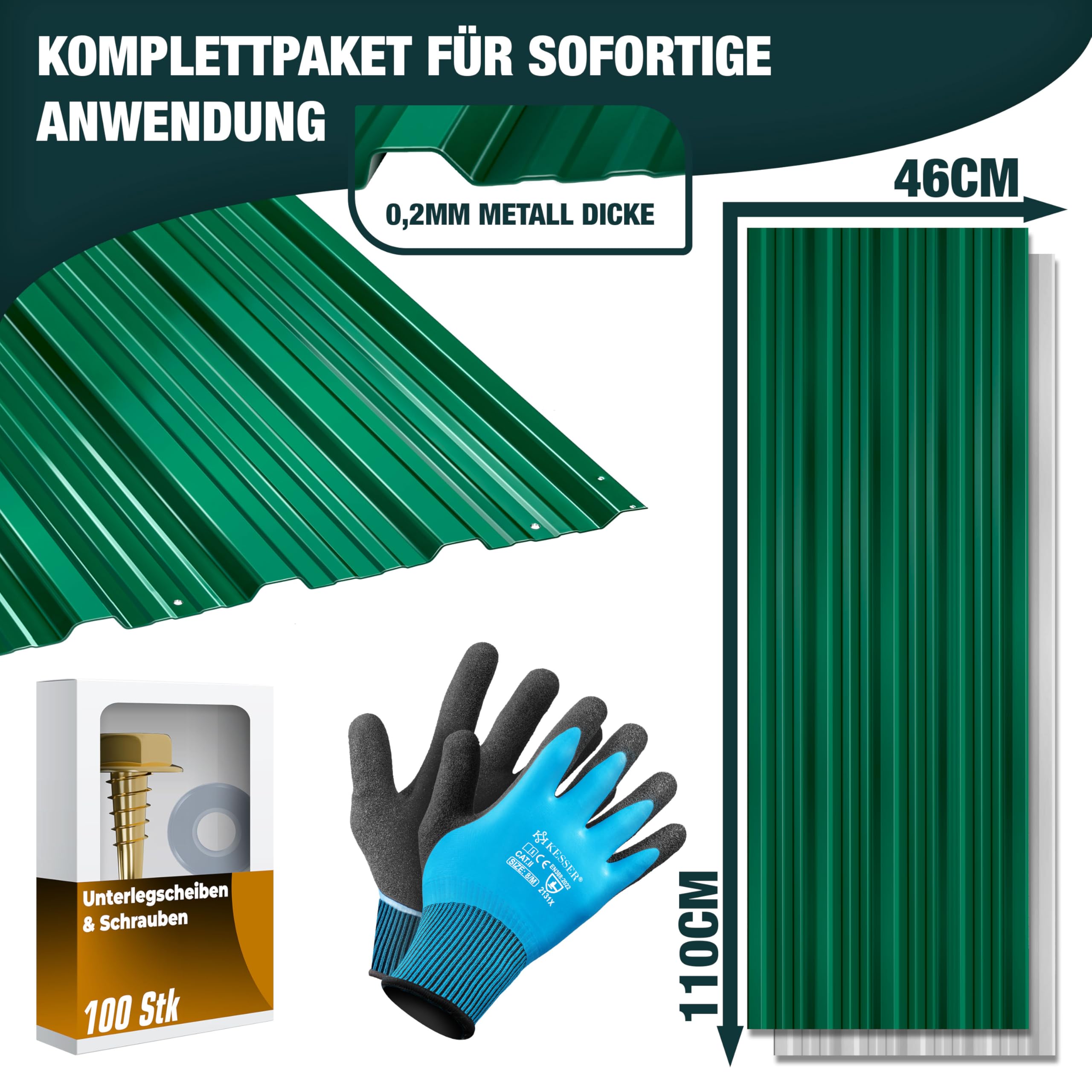 KESSER® - 14 lamiere profilate trapezoidali, 110 x 46 cm = 7 m², lamiera per capannone, in acciaio zincato, 0,25 mm, inclusi guanti per il montaggio, verde