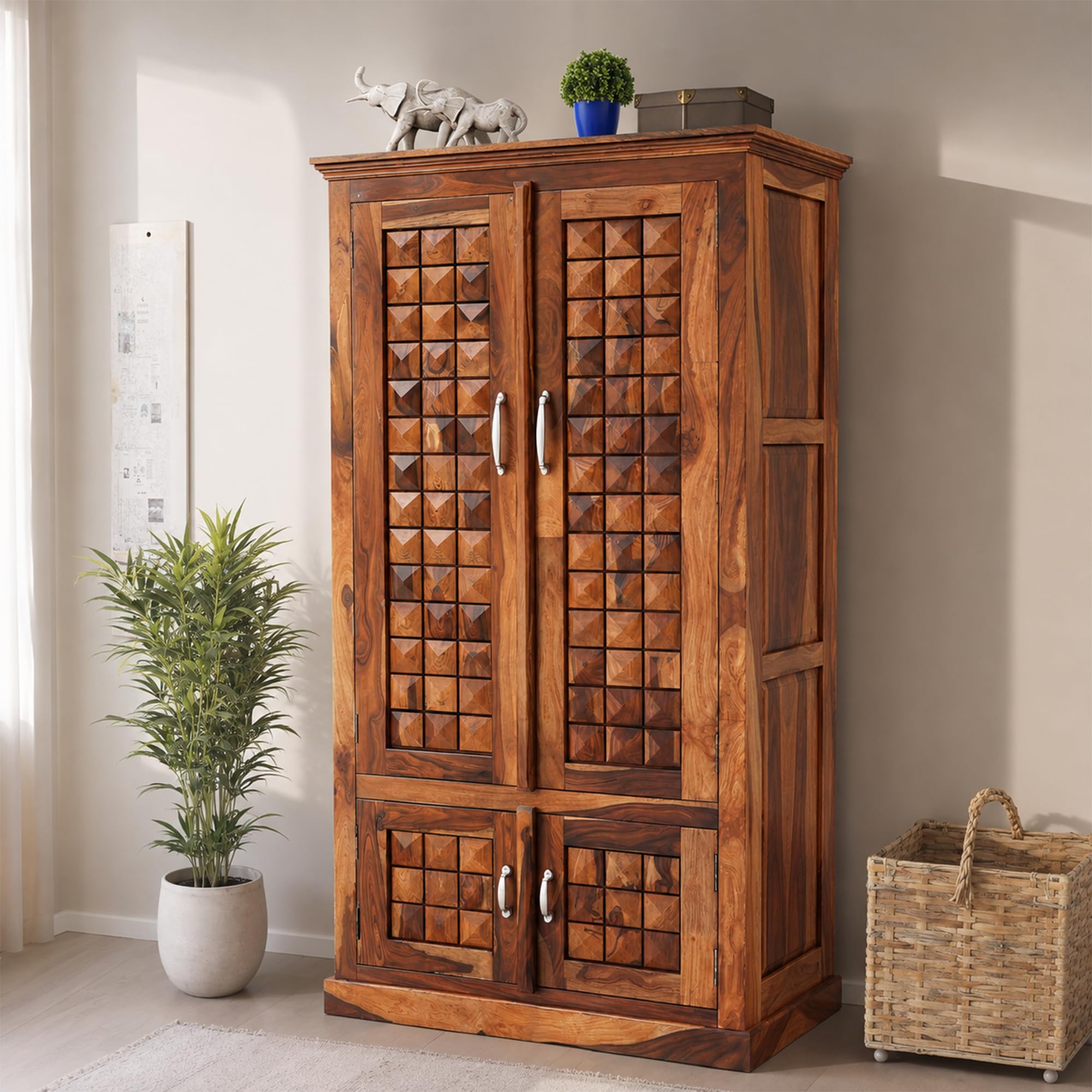 SONA ART & CRAFTS Diamond Solid Sheesham Wood Wardrobe for Bedroom Modular Wooden Wardrobe Space Saving with 2 Door & 2 Drawer/Storage Rack Clothes Almirah Cupboard for Bedroom (Honey)
