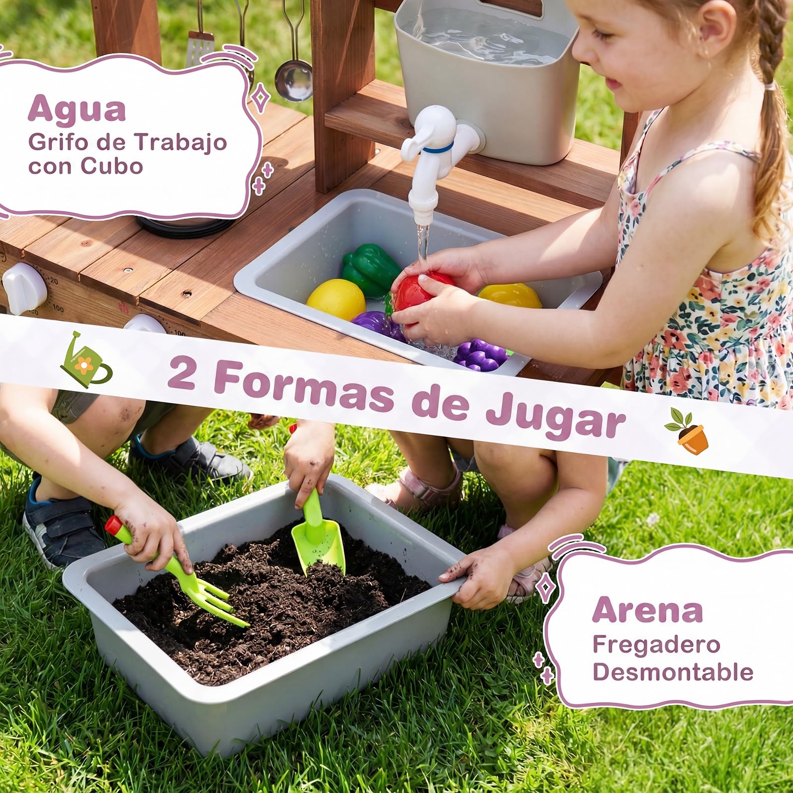 COSTWAY Cocina de Juguete para Niños, Juego de Cocina de Barro de Madera con Jardinera, Fogones, Fregadero Extraíble, Grifo, Depósito de Agua y Estantes, Cocinita Infantil de Exterior para 3+ Años