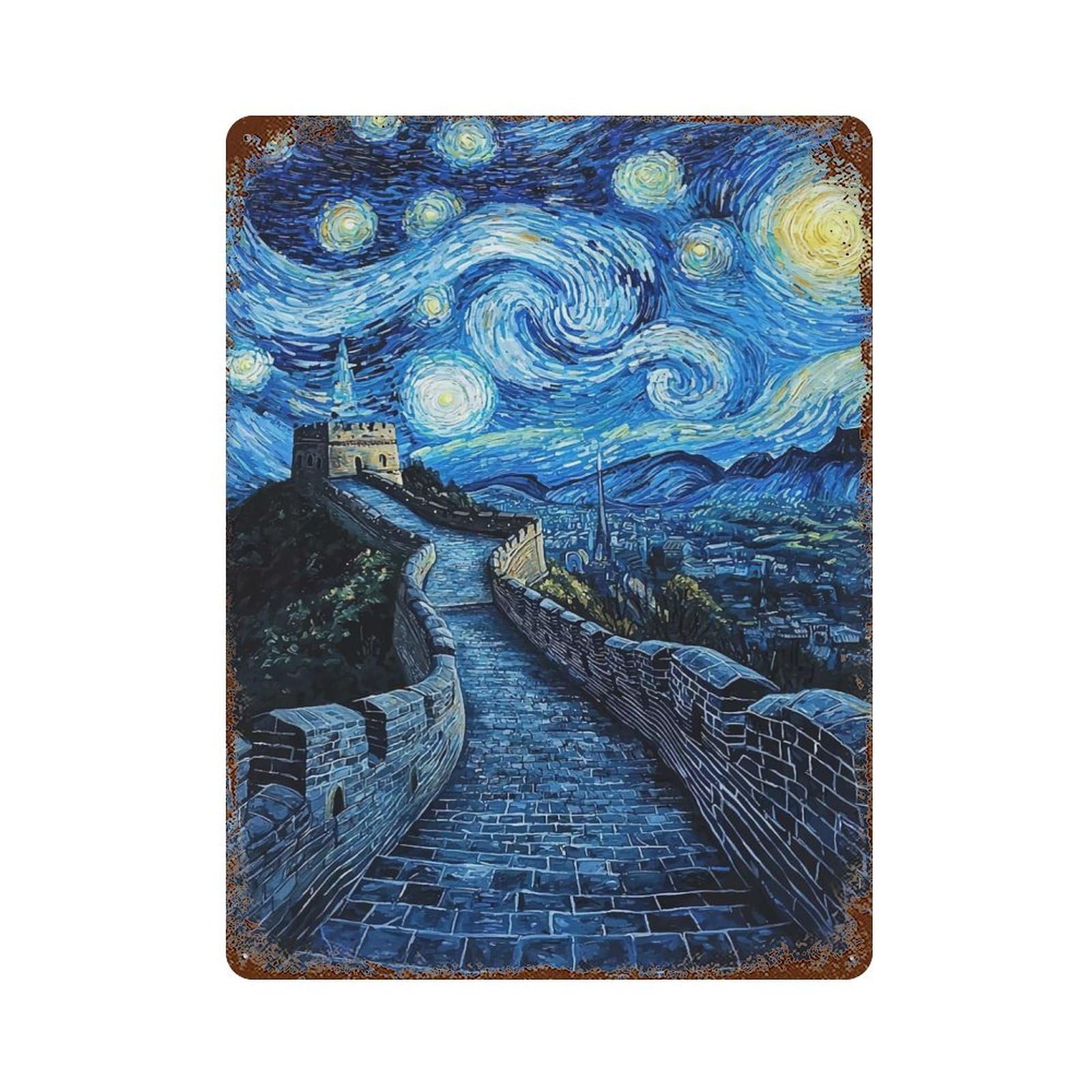 Great Wall Starry Night 15.7"x11.8" Aged Metal Wall Plaque, Retro Wall Decor for Farmhouse, Kitchen And Entryway Decor