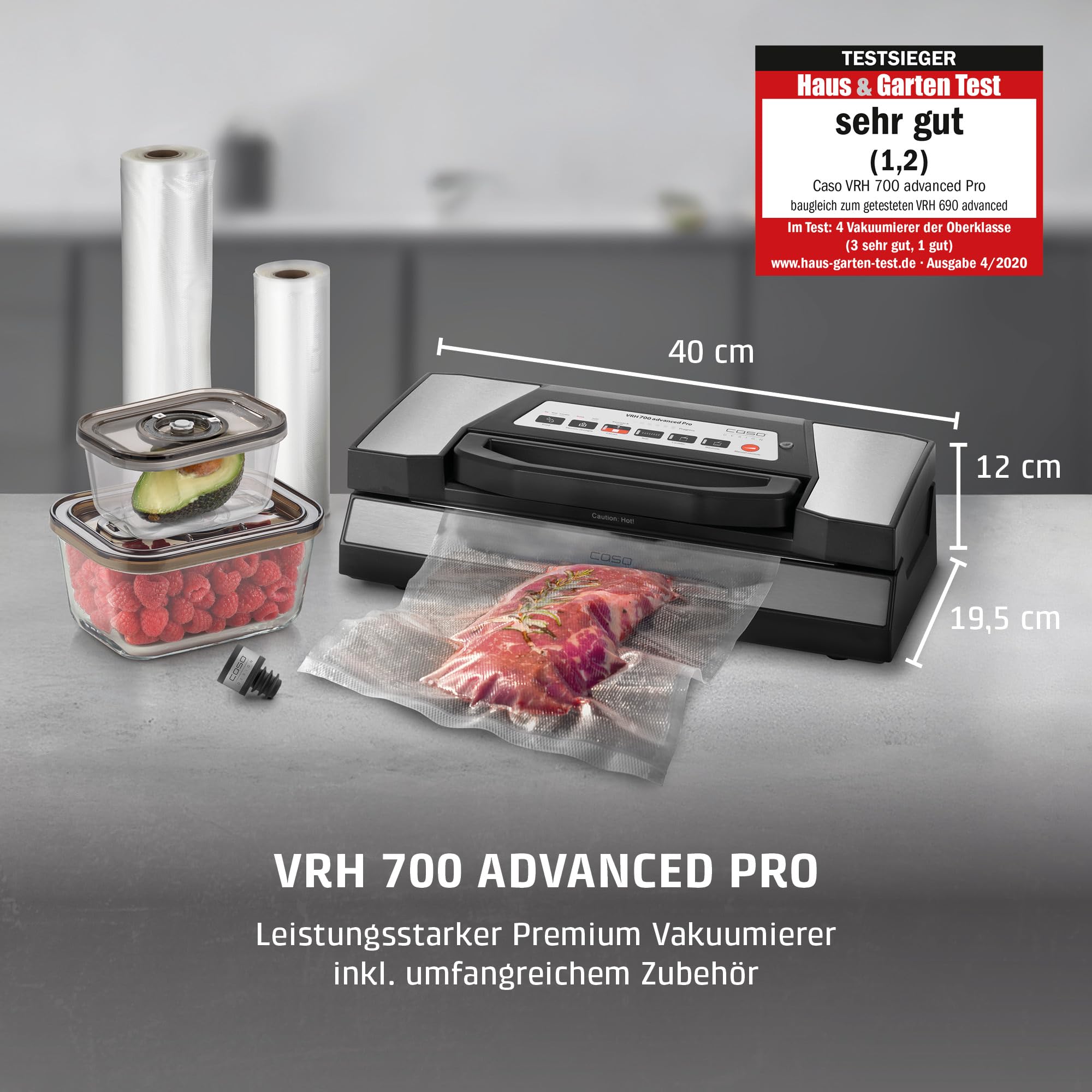 CASO VRH 700 advanced Pro Vakuumierer Testsieger, 150 Vakuumiervorgänge nonstop, doppelte Schweißnaht, 20 Liter/Min, Cutter, inkl. 2 Profi- Folien, inkl. 2 VacuBoxxen, inkl. 2 Aromaverschlüssen