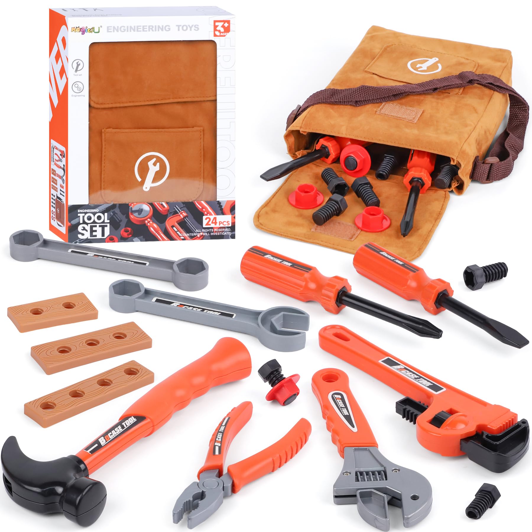 Juego de 26 herramientas para niños pequeños con bolsa de herramientas, kits de construcción de juego de simulación para niños de 3 a 6 años
