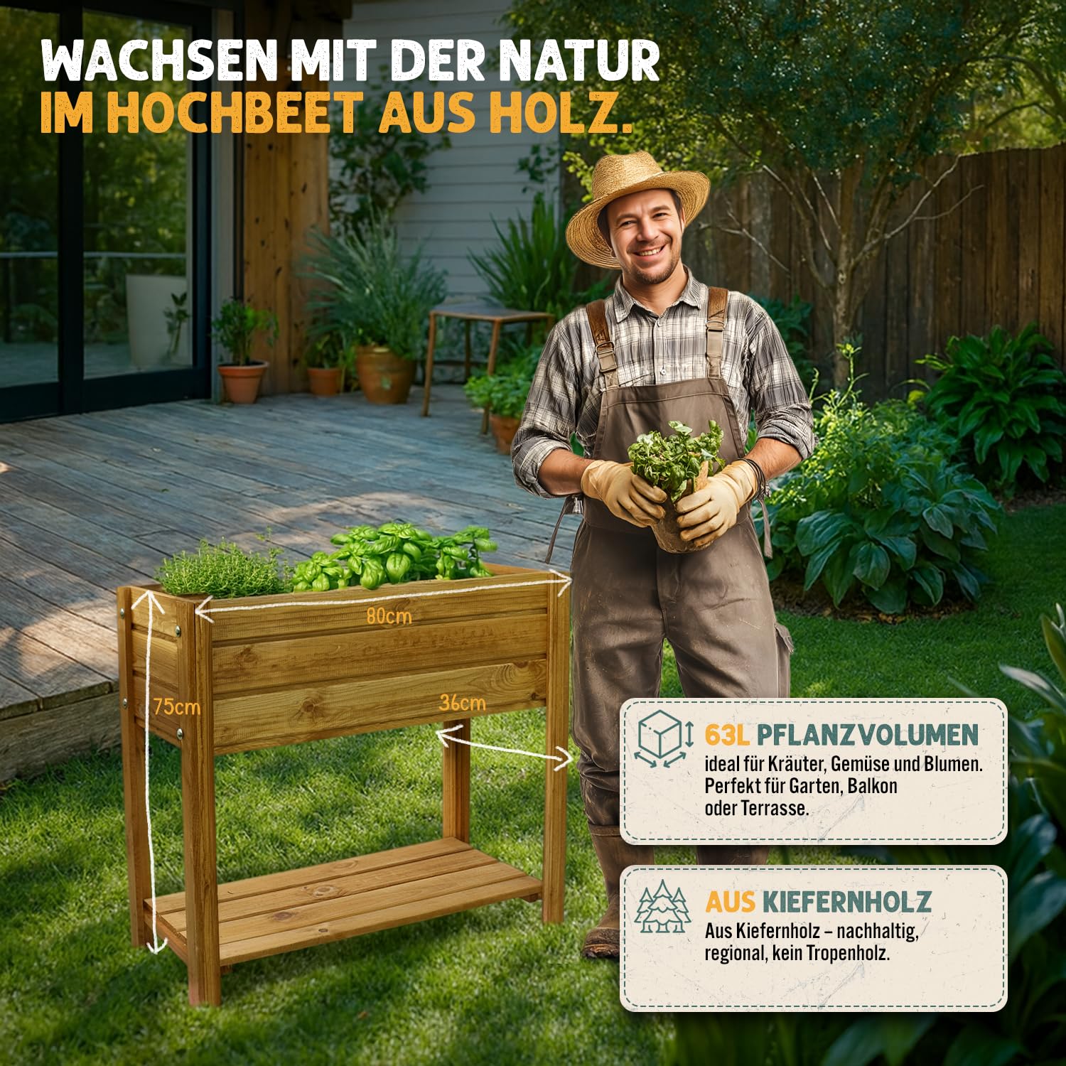 Fepro Fioriera rialzata in legno, 80 x 75 x 36 cm, per giardino, balcone e terrazza, 63 l, con ripiano e tessuto non tessuto, resistente alle intemperie, per verdure e fiori