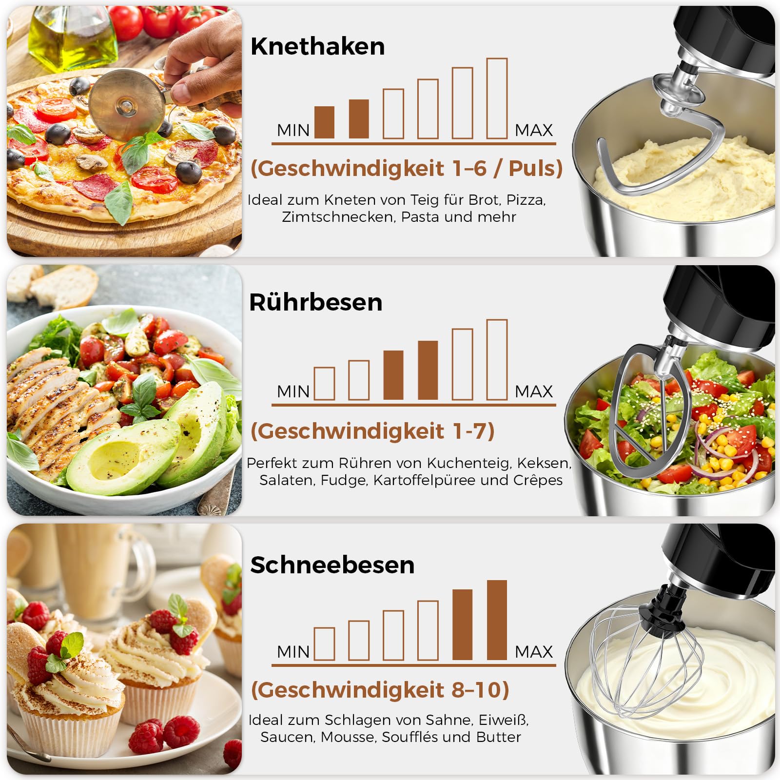 YASHE Küchenmaschine 1500W, leistungsstarke Knetmaschine mit 4,5 + 5L Edelstahlschüsseln, 10+P Geschwindigkeiten, Kippkopf, Knethaken, Rührbesen und Schneebesen
