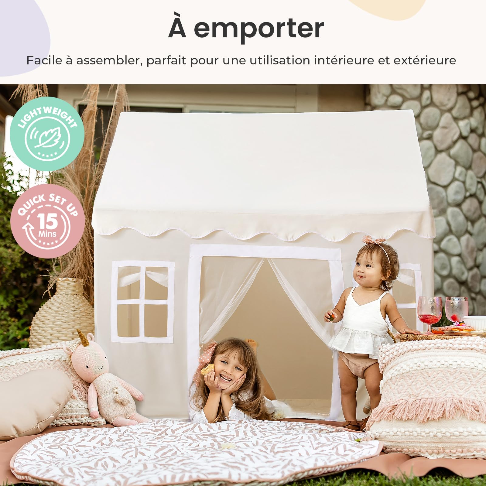 Tiny Land Tente de Jeu pour Enfants avec Tapis et Lumières de Chaîne 4m, Cabane Enfant Intérieur Extérieur, Château Princesse 133x90x136 cm
