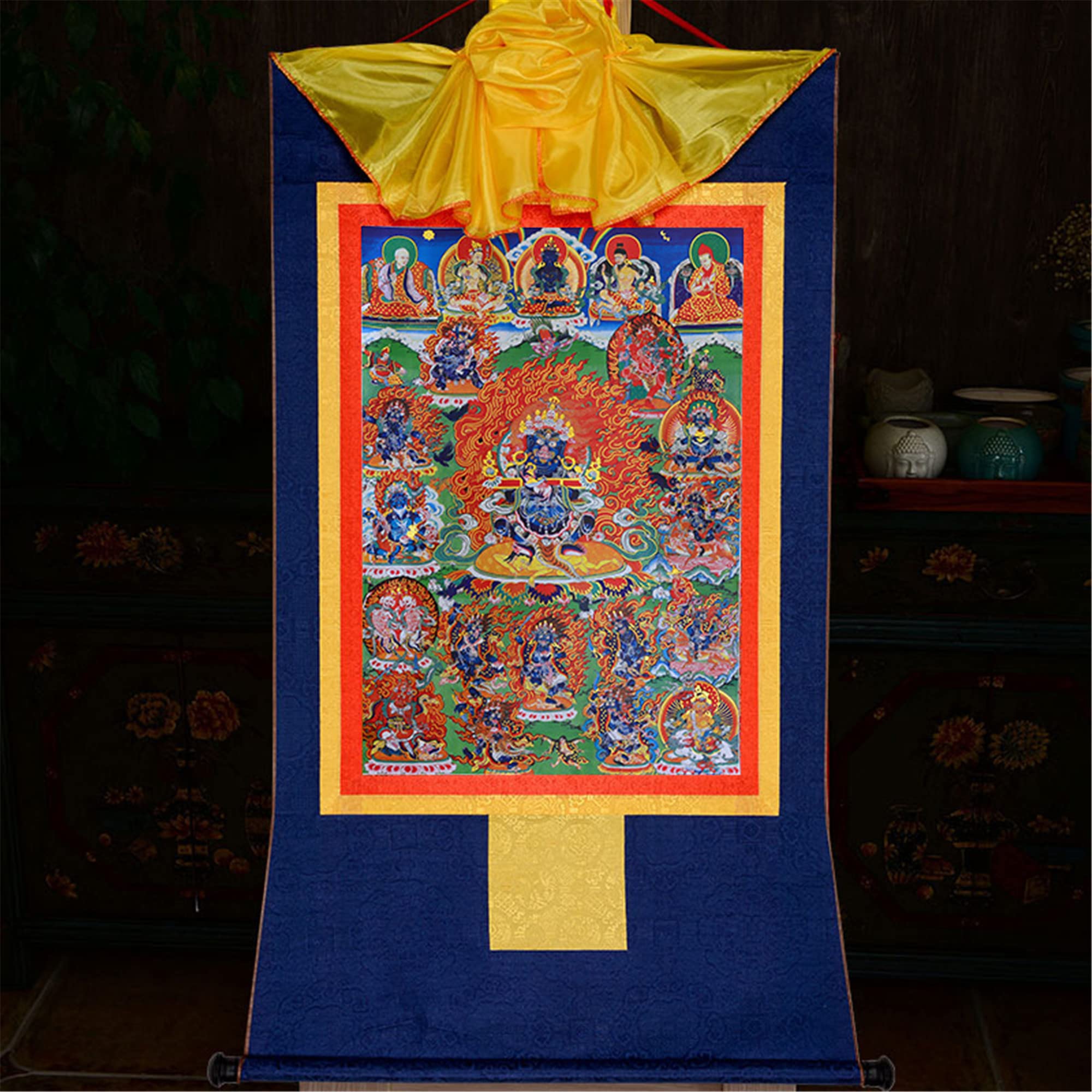 Gandhanra Thangka Tibetische Wandbehang,Dharmapala Panjaranata Mahakala Thangka,Heißgeprägter Buddha Wandteppich für Zen Wohnkultur, Meditation, Spirituelle Entspannung und Ruhe