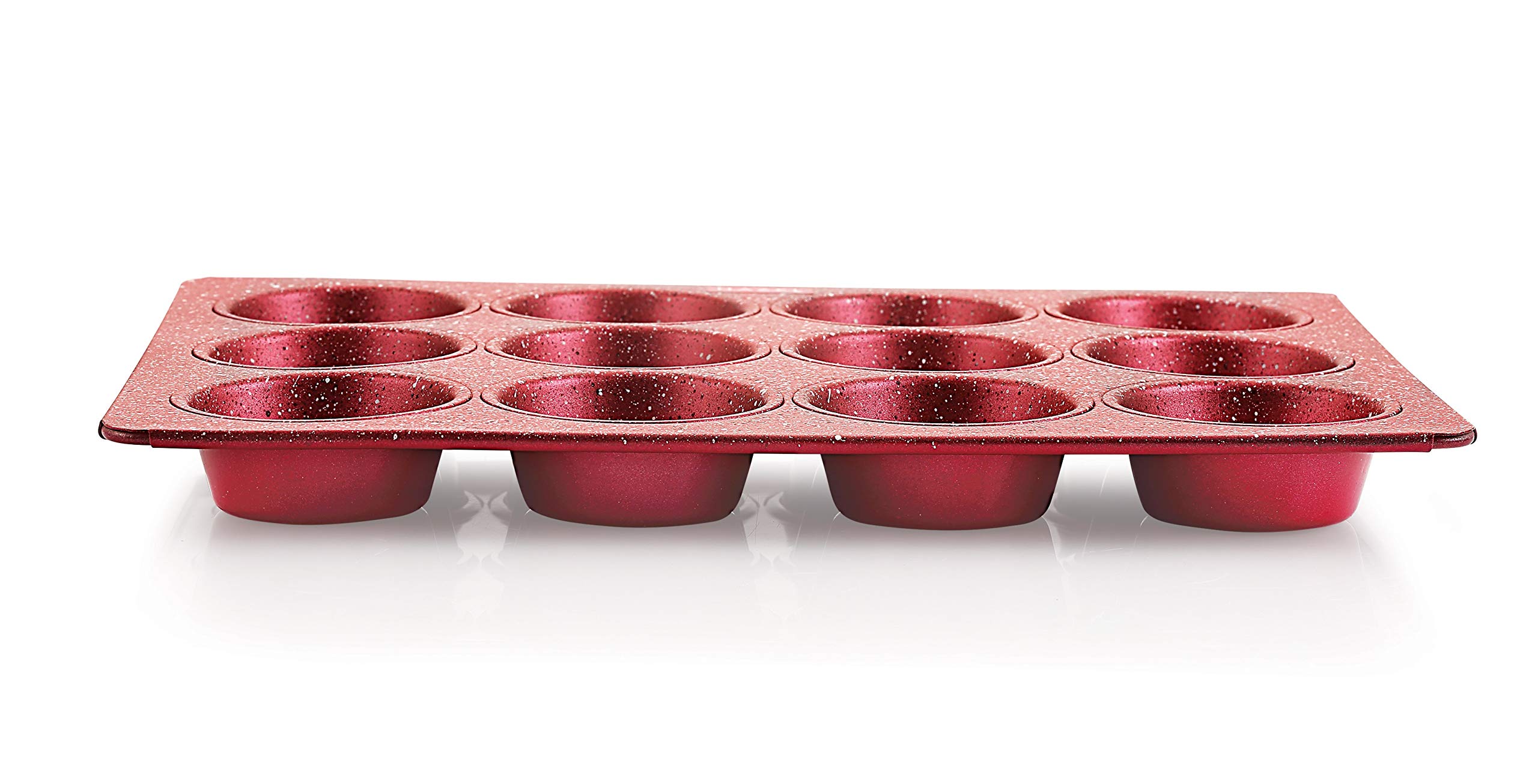 HAZEL Molde de aluminio para magdalenas, apto para microondas, 12 tazas, antiadherente, acabado de granito, bandeja para hornear chocolate, para casa y panadería, color rojo