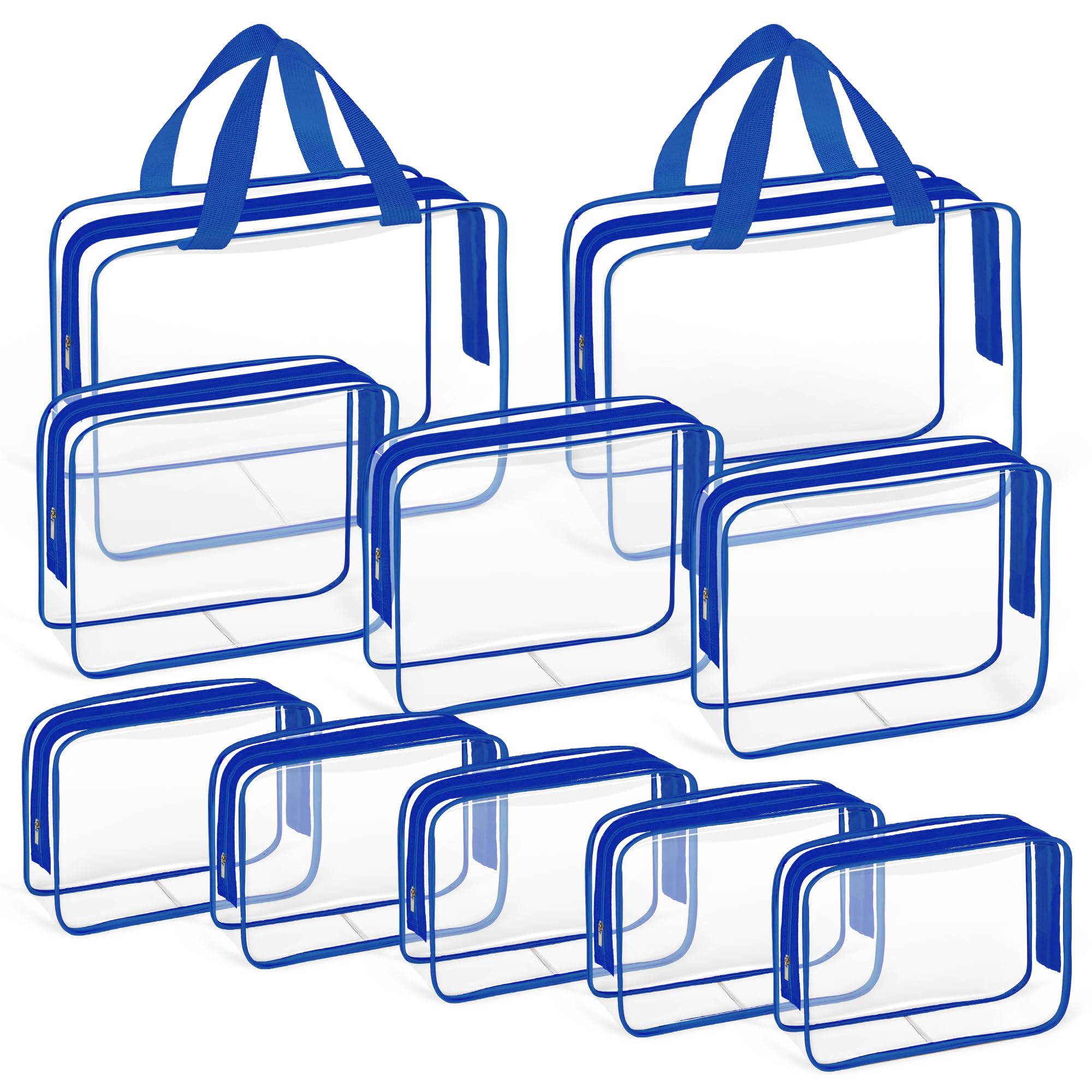 TISRATOK 10 PCS Clear Travel Makeup Toiletry Bag, Plastic PVC Cosmetic TSA Approved Organizer Kit with Zipper Handbag?Blue?