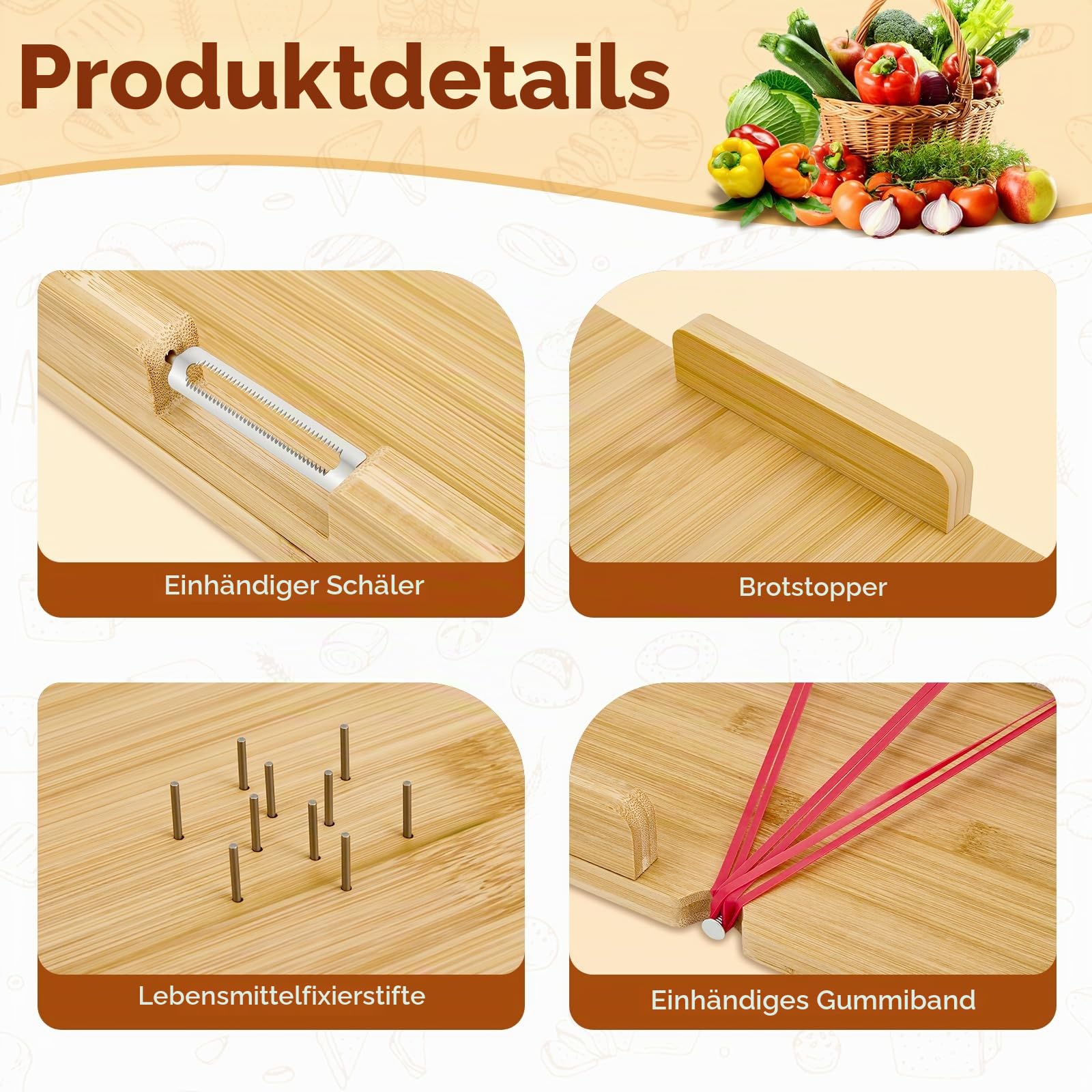 Einhand-Schneidebrett, Einhandbrett Holz Mit Schäler, Brotstopper & Spikes, Einhand Schneidebrett für Schlaganfallpatienten, Behinderte & Amputierte, Einhänderbrett Hilfsmittel für Küche & Frühstück