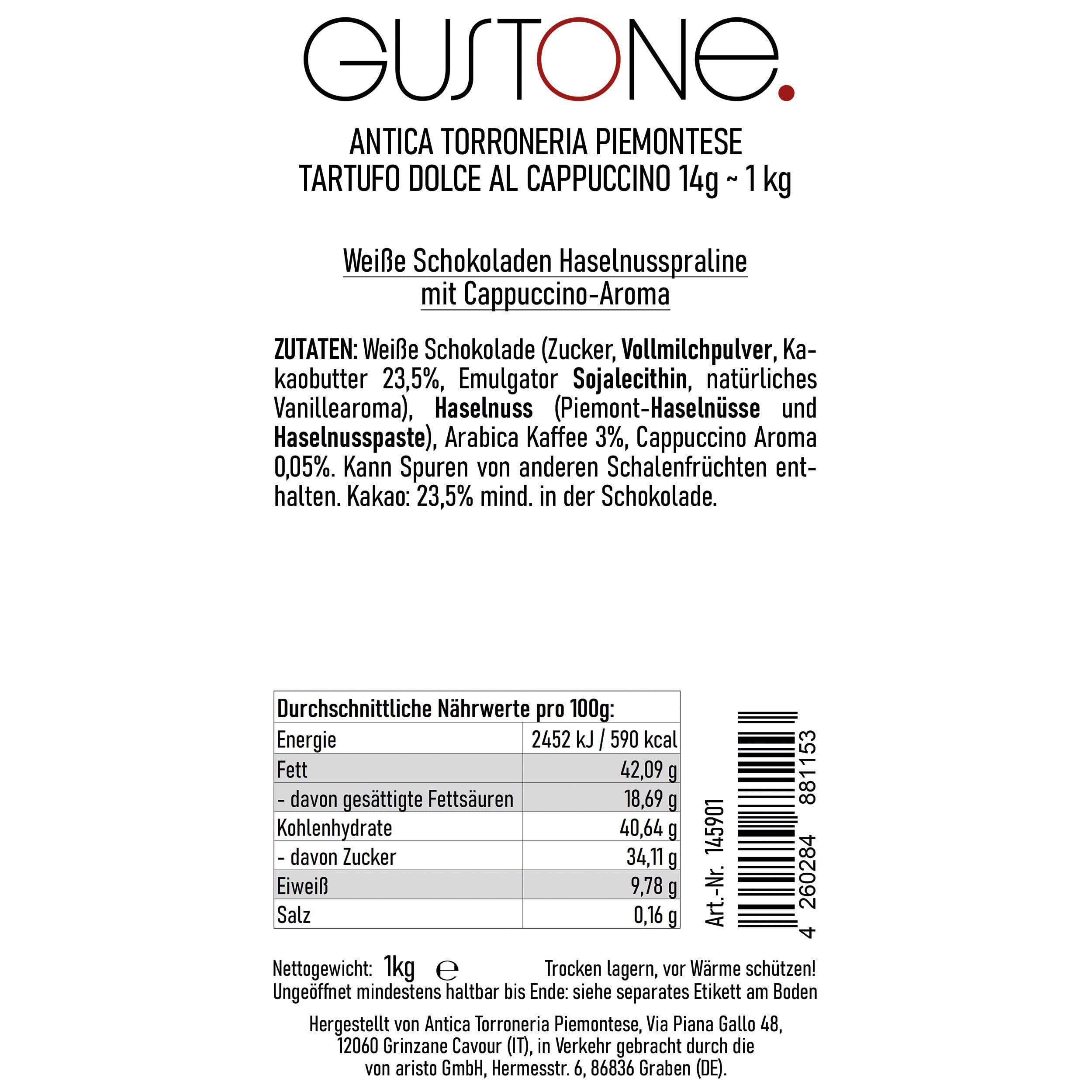 GUSTONE. Tartufi Dolci al Cappuccino 70 Stück je 14g Antica Torroneria 1kg | Trüffel-Praline weißer Arabica, Schokoladentrüffel, traditionelle Rezeptur ohne künstliche Zusätze, glutenfrei