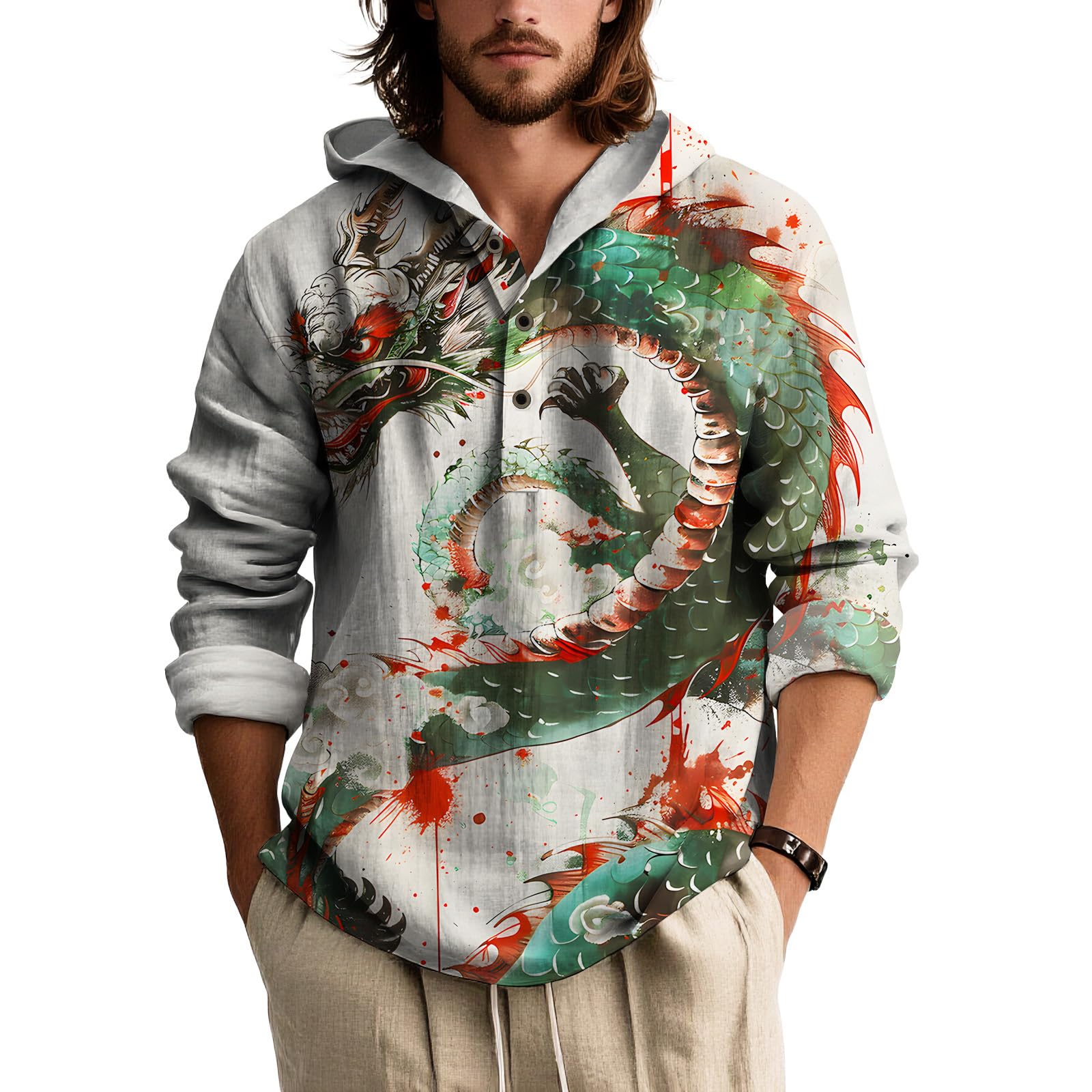Mens Long Sleeve Print Shirt Stand Collar Button Down Lightweight Oriental Style Fashion Top for Spring Summer