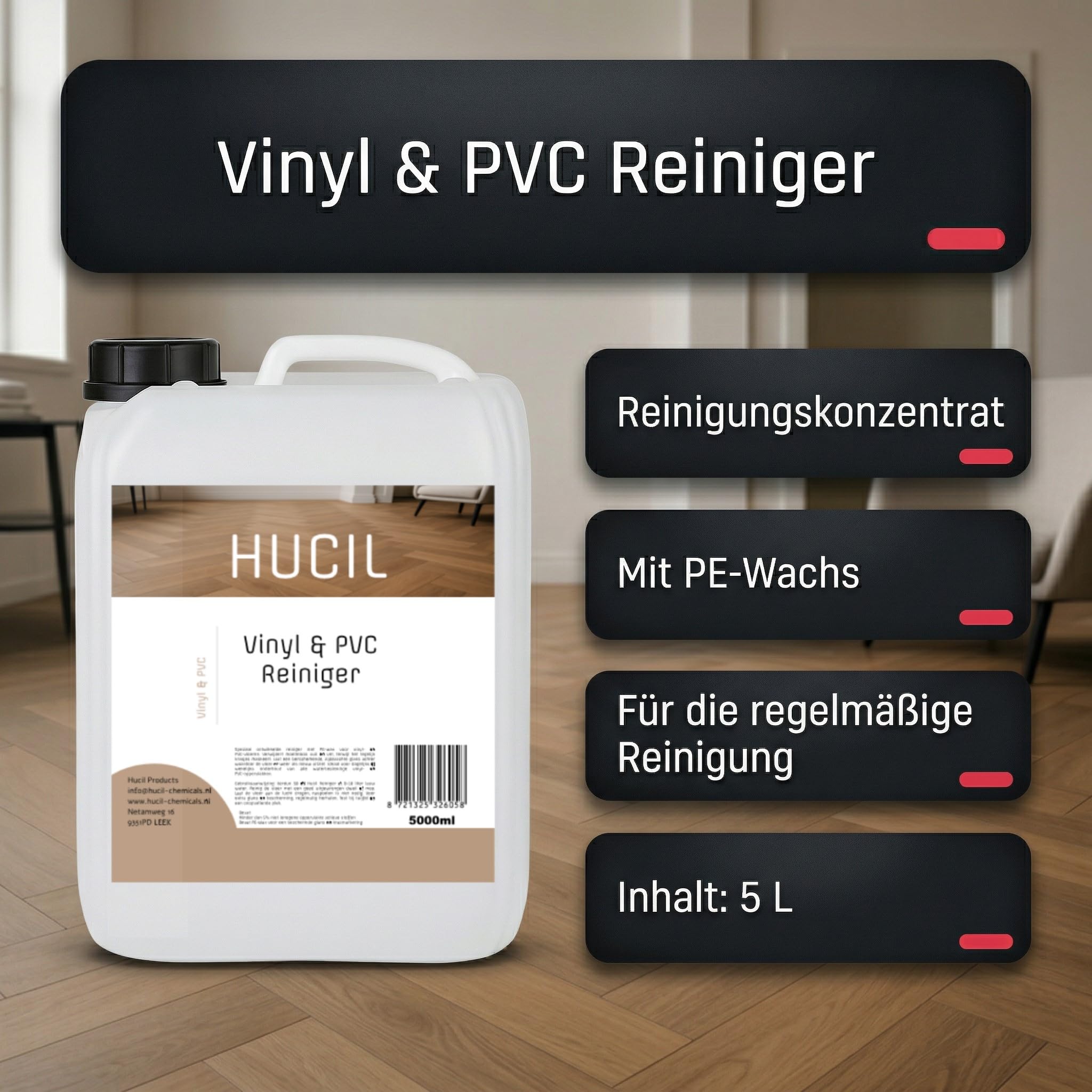 Limpiador de vinilo y PVC, 5 L, limpiador de suelos para vinilo, PVC y suelo de diseño, concentrado de limpieza con cera de polietileno