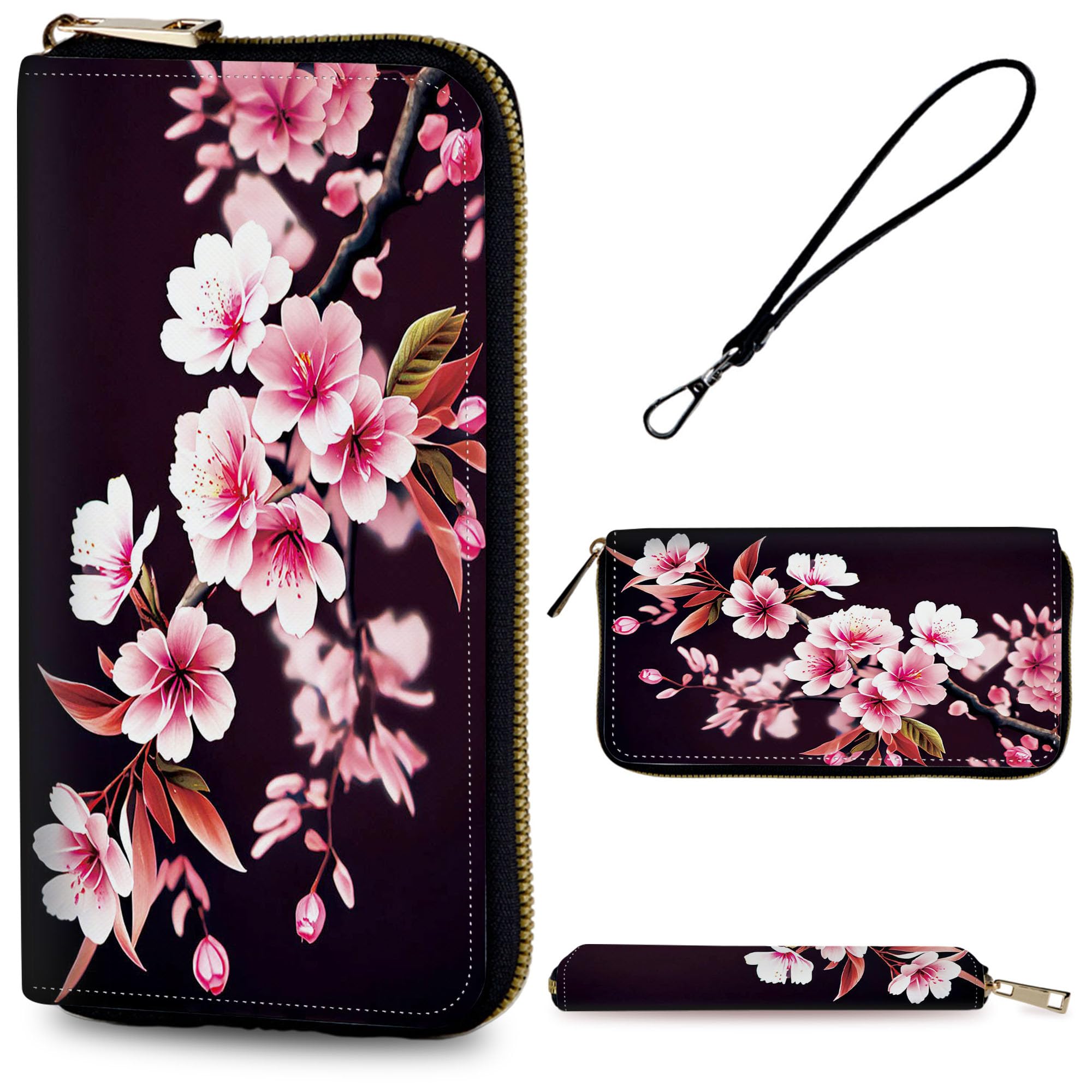 RYUITHDJP Large Capacity Wallet Zip Around Leather Wallet for Women Men Phone Holder Clutch Travel Purse Multifunctional Wallet with Detachable Wristlet Strap - Cherry Blossom