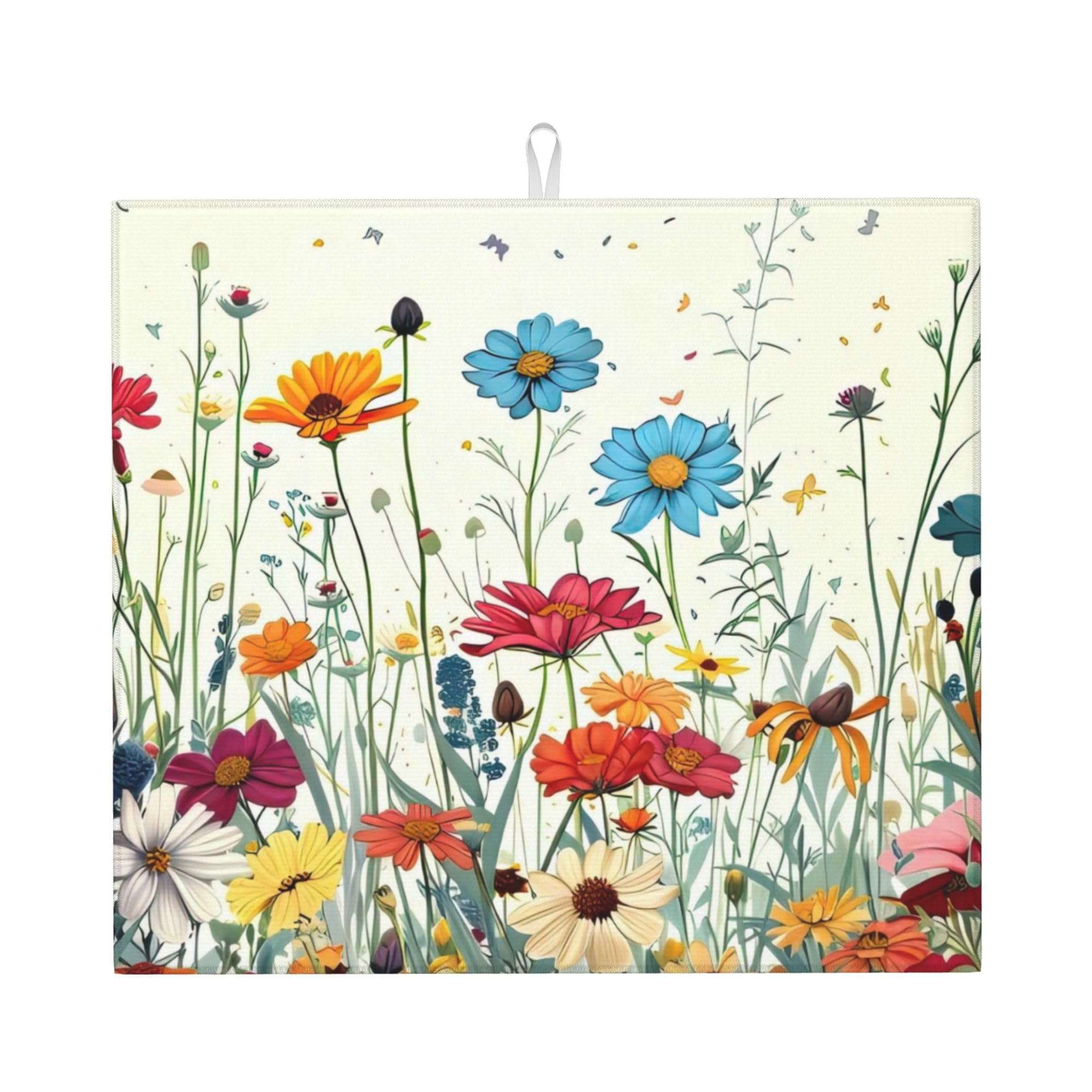 Butterfly Flowers Dish Drying Mat 16x18 Inch, Microfiber Absorbent Fast Dry Mat Daisy Floral Large Dish Mat Drying Kitchen Mat, Kitchen Drying Pad for