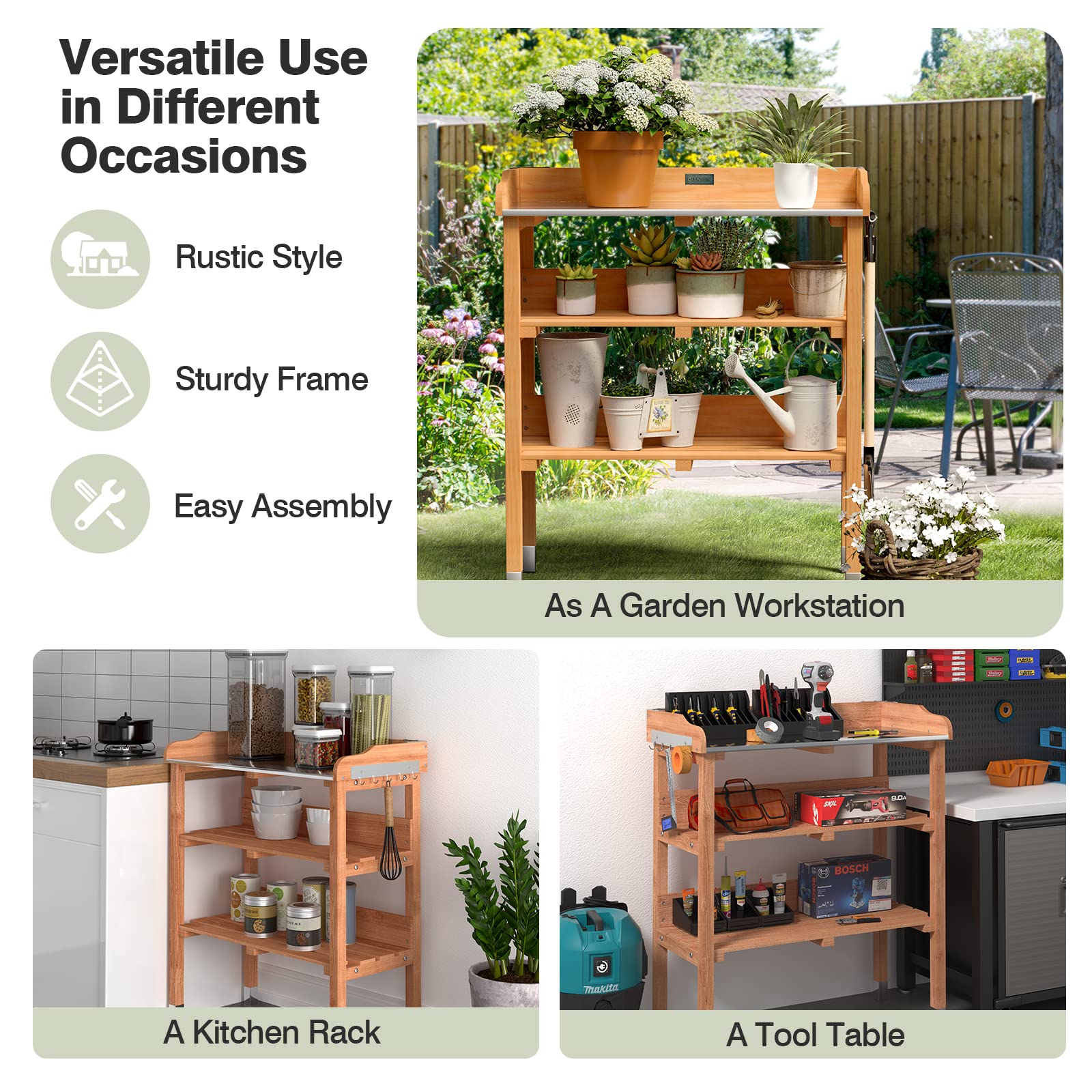 Giantex Garden Potting Bench, Outdoor Wood Workstation Table with Galvanized Steel Tabletop, 5 Hooks, 2-Tier Storage Shelves, Outside Work Station Potting Table with Raised Edge, Easy Assembly - Image 5