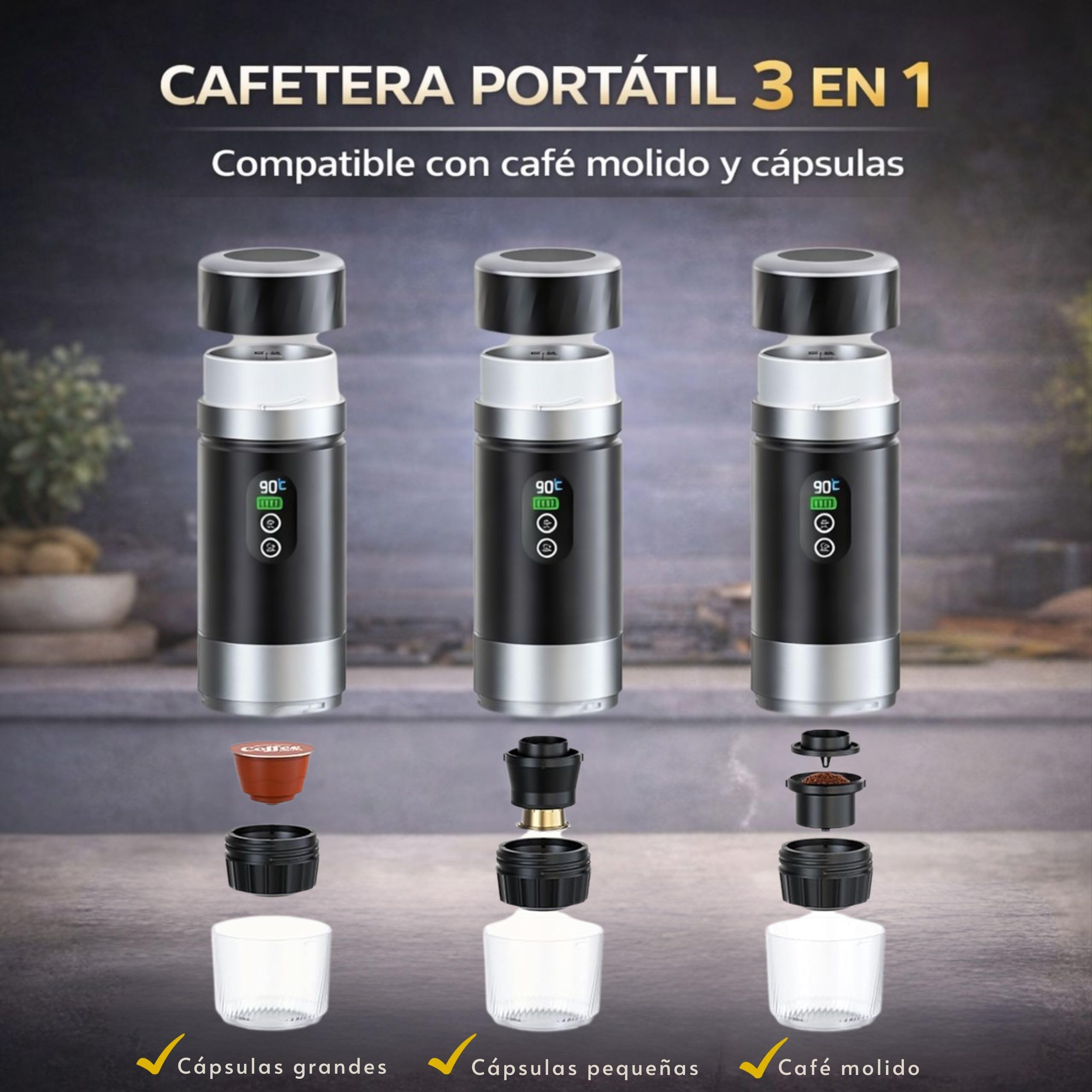 Cafetera Portatil Capsulas compatible Nespresso Dolce Gusto y Café Molido - Versión Mejorada 2026 - Coffe Machine - Maquina de Cafe Portátil Multicapsulas Universal 20 BAR Con Pantalla LED y 80ml