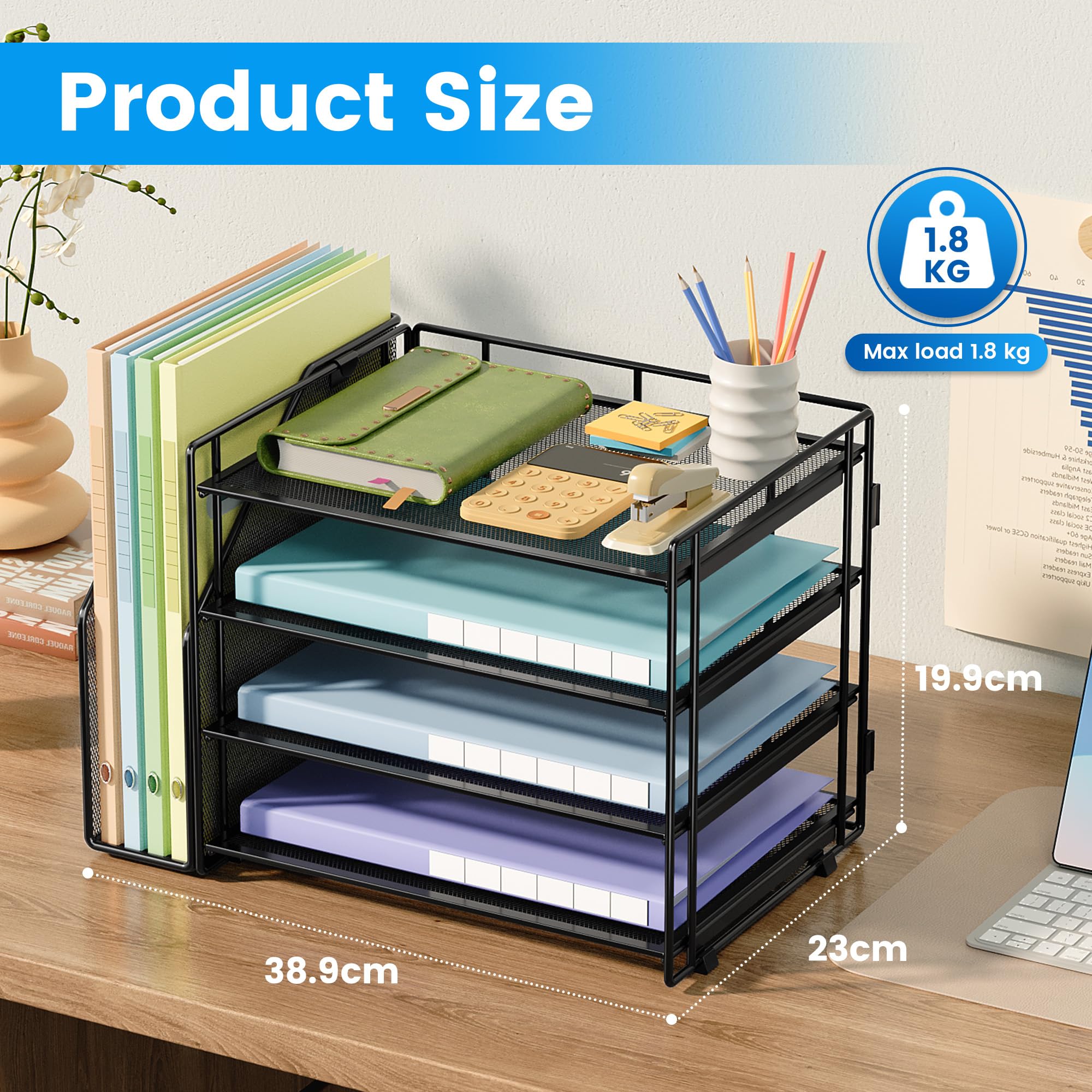 VITVITI Bac de rangement de bureau à 4 niveaux, porte-papier avec porte-dossier latéral, outil de rangement de bureau pour les magazines, la maison, l'école, les accessoires de papeterie - Noir