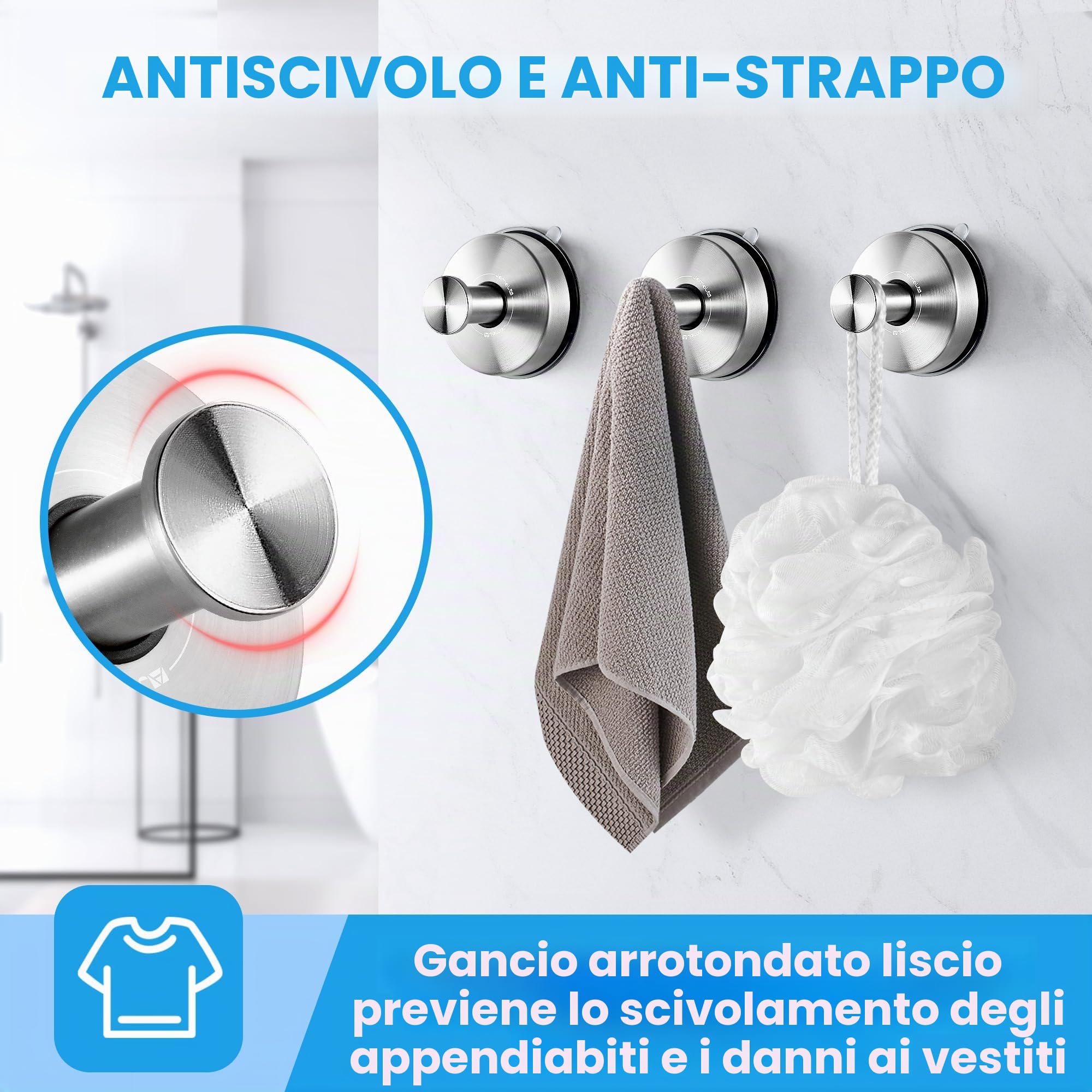 JOMOLA 4 ganci per asciugamani da bagno a ventosa, ganci per doccia, ganci per asciugamani, utensili da cucina, porta strofinacci, in acciaio inox, con ventosa a vuoto, finitura spazzolata