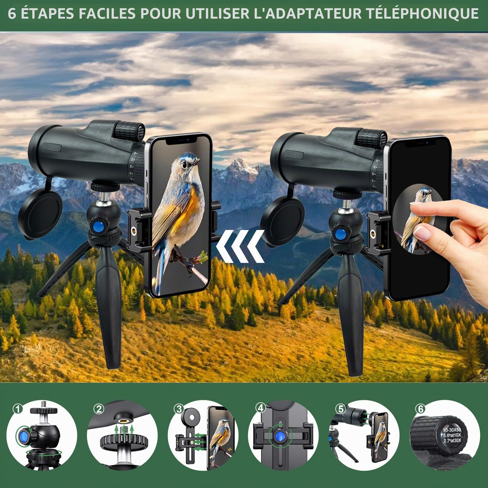 Monoculaire 10-30x50 Prisme BAK4 HD, Télescope Portable Étanche avec Trépied & Support Téléphone, Idéal pour Observation Oiseaux, Randonnée, Concert et Événements Sportifs