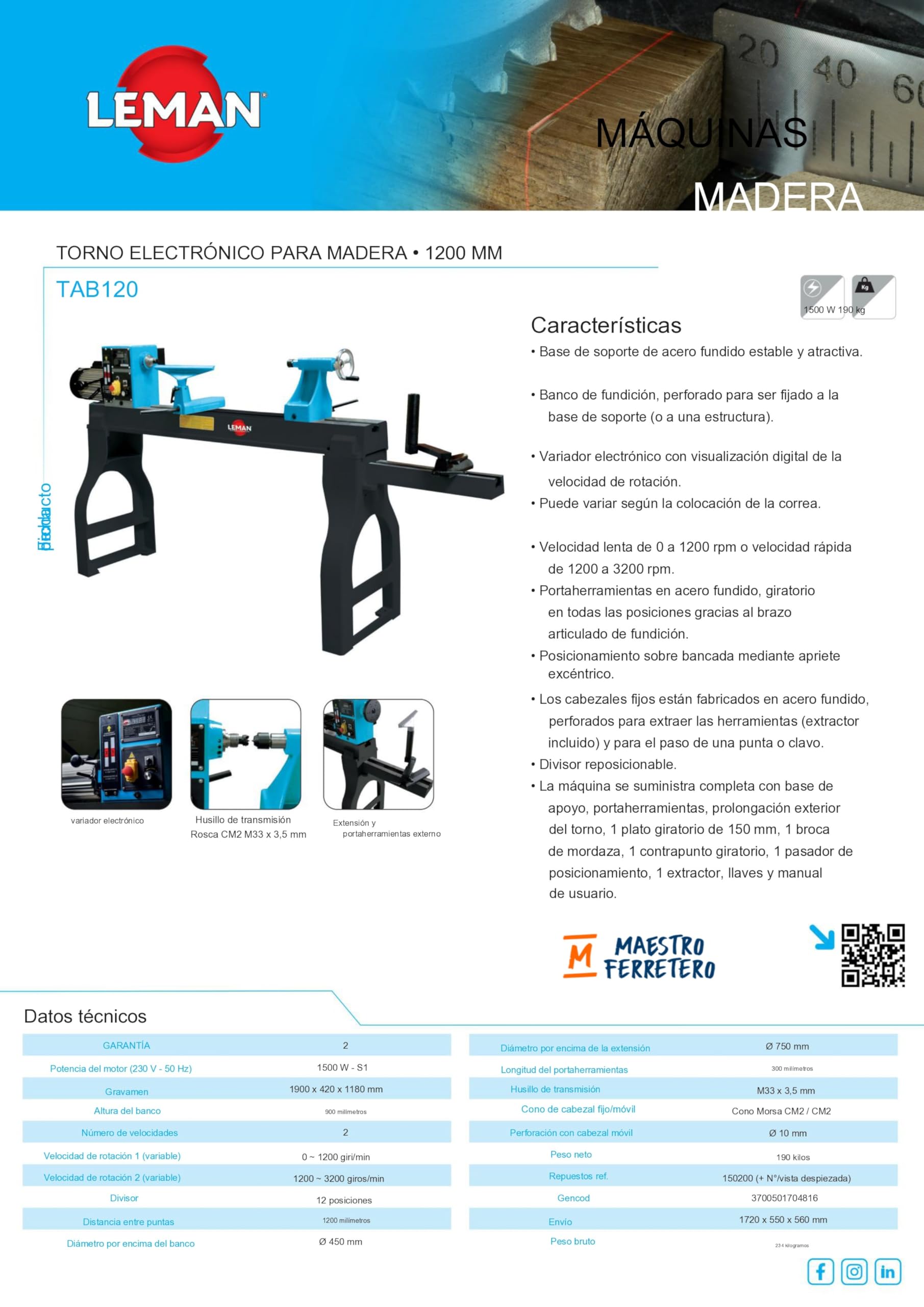 LEMAN - Torno de Madera TAB120 1200 mm, Motor 1500 W, 2 Velocidades Variables, 12 Posiciones de Divisor