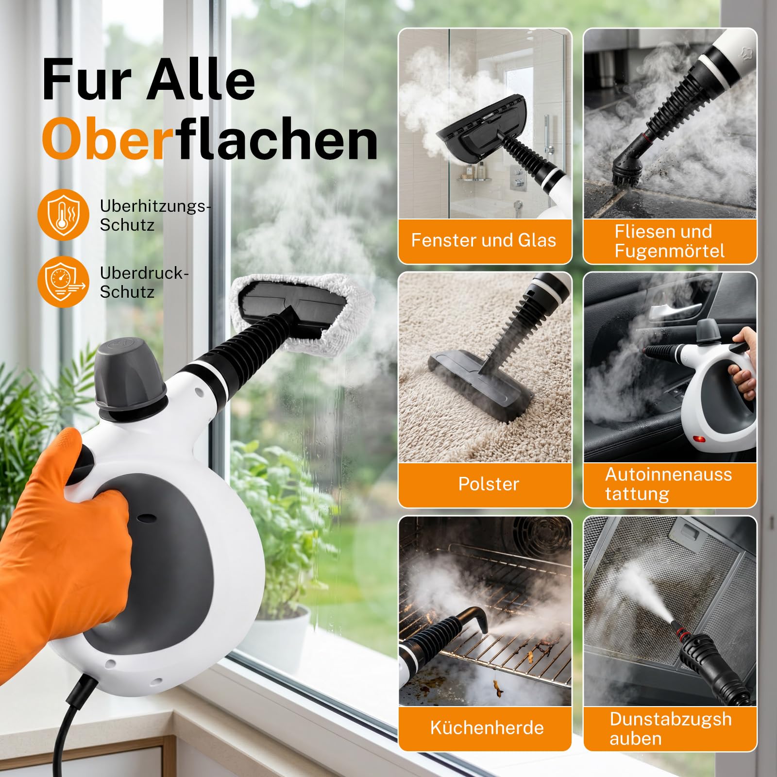 Dampfreiniger Handgerät mit 15 Zubehörteilen, Handdampfreiniger für das Haus Mehrzweck，1050W，350ml Tank Handdampfreiniger，Dampfreiniger für Alles Polstermöbel Auto Fenster Fliesen Teppich(Weiß)