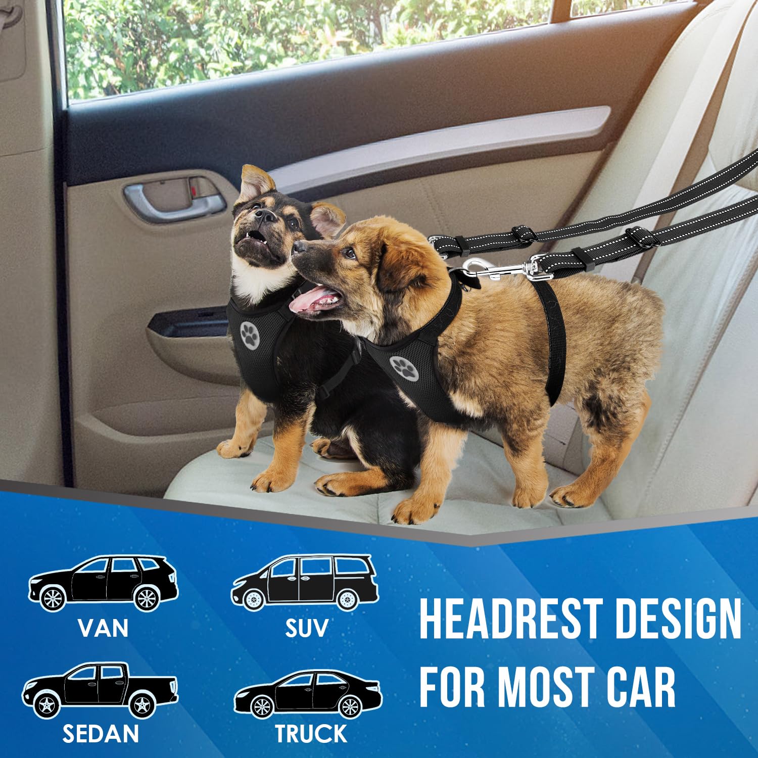 SlowTon Double Dog Seat Belt, New Dual Pet Car Headrest Restraint