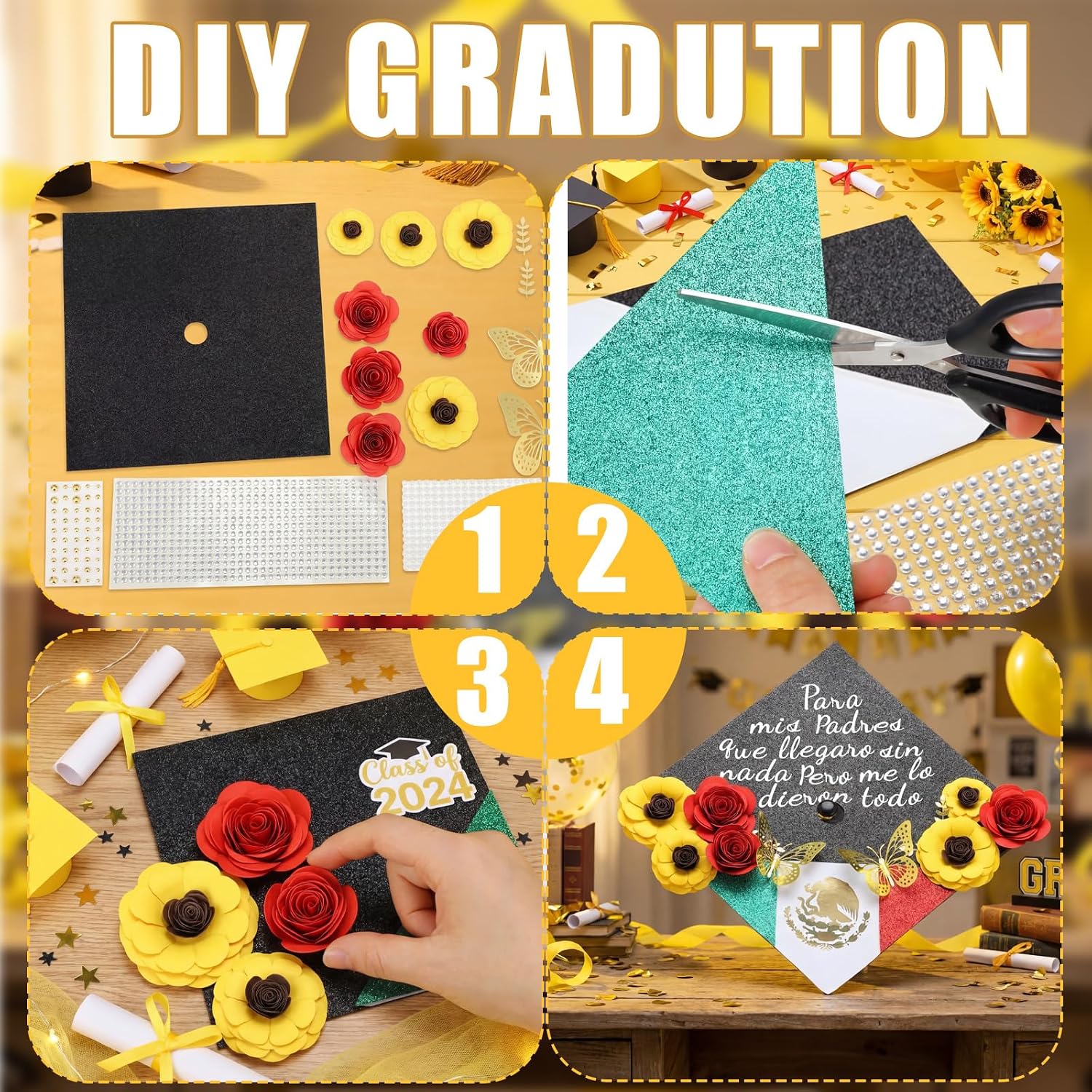 Gersoniel DIY Mexican Graduation Cap Decoration Kit 2026 Flower Grad Cap Flower 3D Butterfly Rhinestones Mexican Emblem Alphabet Letter Sticker Golden Leaves Pearl Glitter Paper Craft for Party Decor
