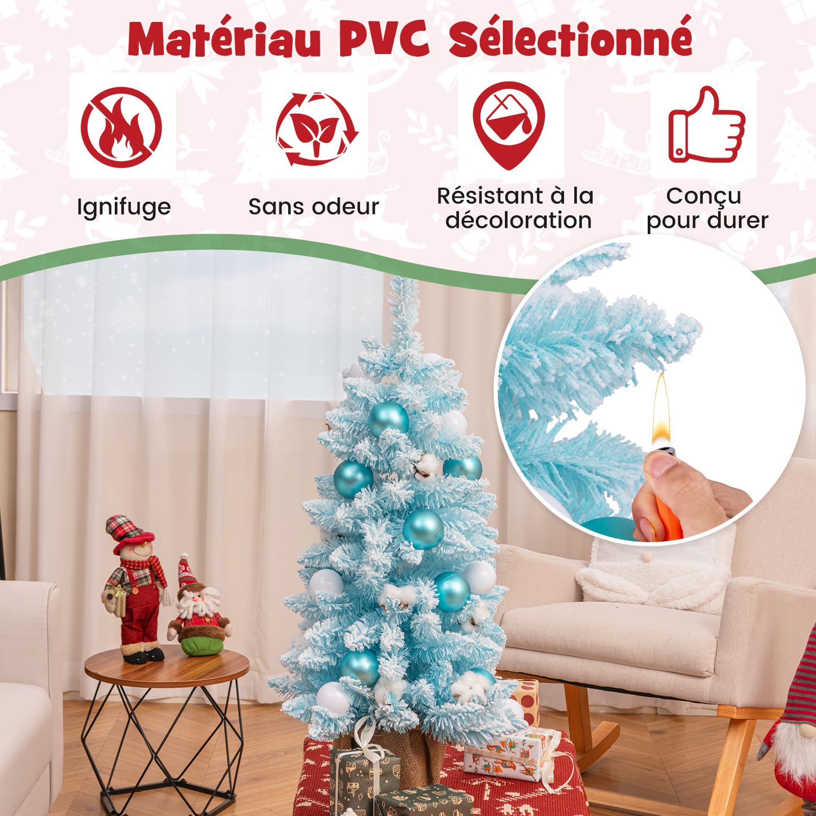 GYMAX Mini Sapin de Noël Artificiel 90 cm, Petit Sapin Décoratif avec Boules de Coton, Plante Artificielle en Pot, 163 Pointes de Branches, Idéal pour Décoration Intérieure, Maison, Bureau (Bleu)