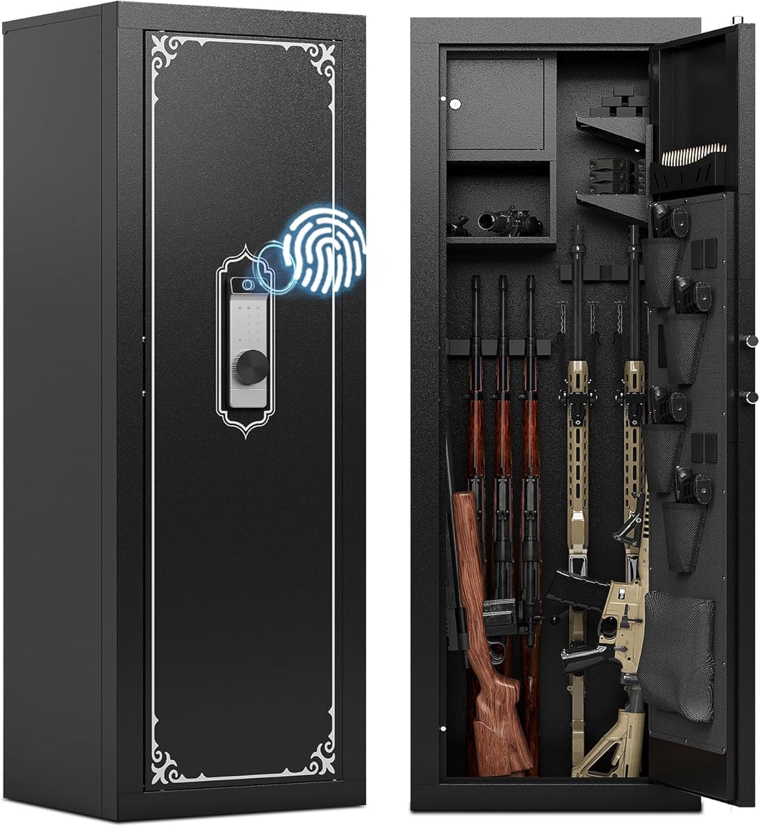 Gun Safe, 10-14 Biometric Gun Safe for Rifles and Pistols, Large Gun Safes for Home, Gun Cabinets for rifles and shotguns, Rifle Safe with Built-in Cabinet and Removable Gun Racks