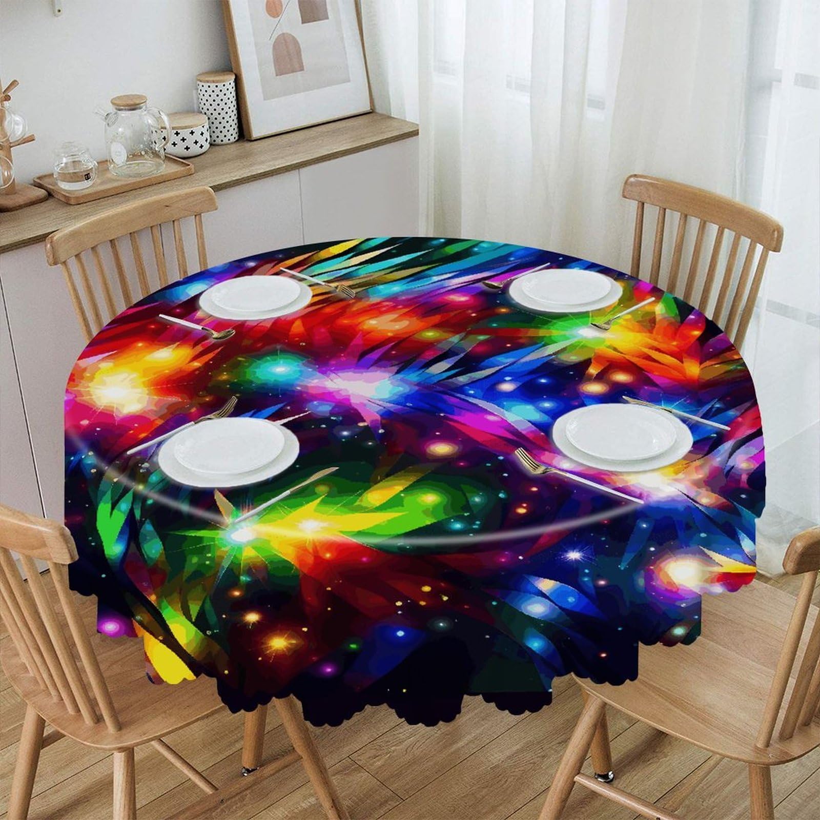 FekiLoot Bright Beautiful Colorful Art Round Tablecloths 60 Inch Resistant Washable Polyester Table Cloth Style Decorative Circle Fabric Table Cover for Dining Kitchen Party Farmhouse Outdoor