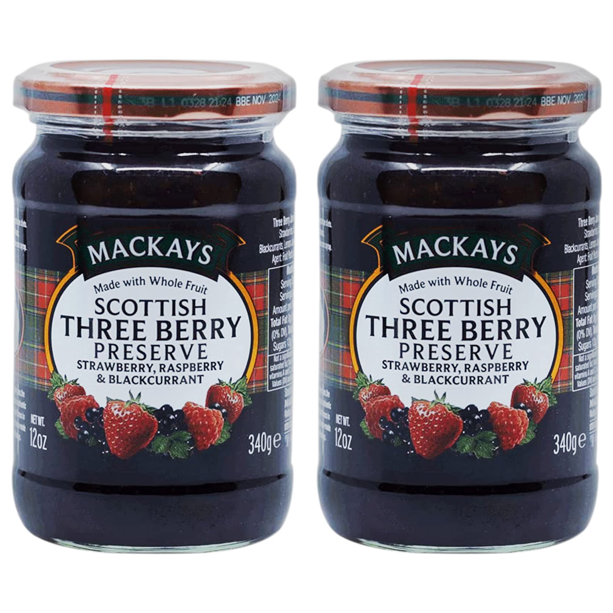 Mackays Scottish Three Berry Preserve Jam 340 gm (Pack of 2)| Imported from Scotland | Made with Whole Fruits | Vegan | Gluten-Free | No Artificial Colors or Preservatives