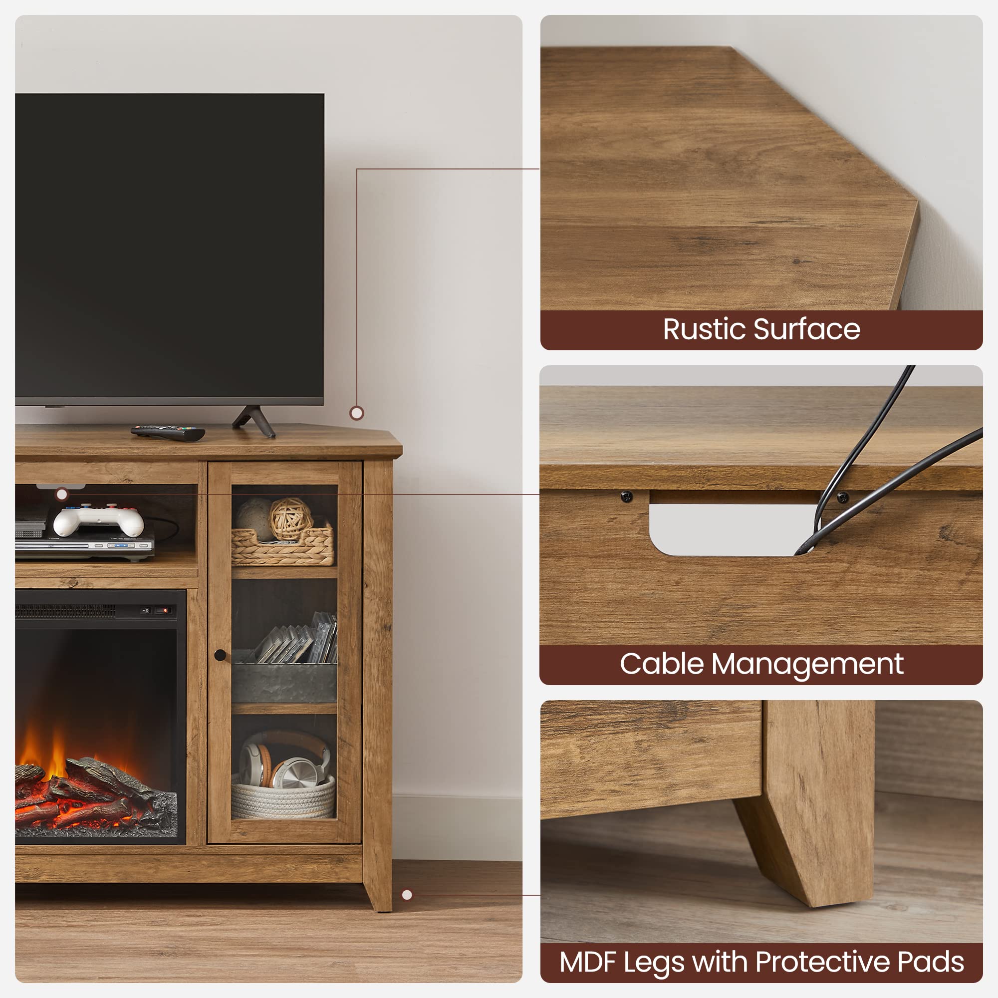 VASAGLE TV Stand with Fireplace, Corner TV Table for 55Inch TV, TV