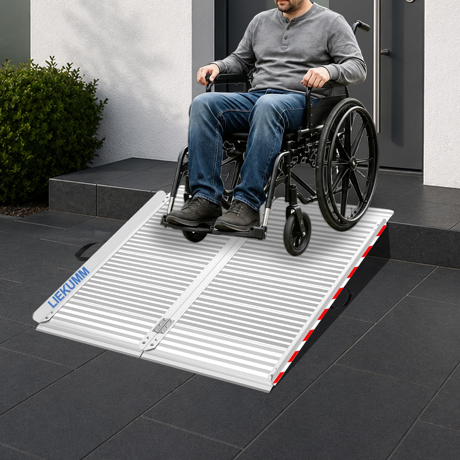 LIEKUMM Rollstuhlrampe 96 cm, 84 cm Verbreitert Rollstuhlrampe für Treppen, 450 kg Tragkraft Aluminium Rampe für Rollstuhl, Stufen, Bordsteine, Schwellenrampe für Elektro-Rollstuhl, Kinderwagen