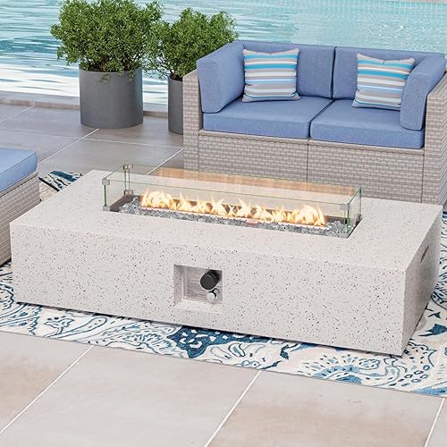 Miniatura 2 de COSIEST Mesa para fogata de propano para exteriores, 56 x 28 pulgadas, rectangular, acabado de hormigón blanco terrazo, quemador de acero inoxidable